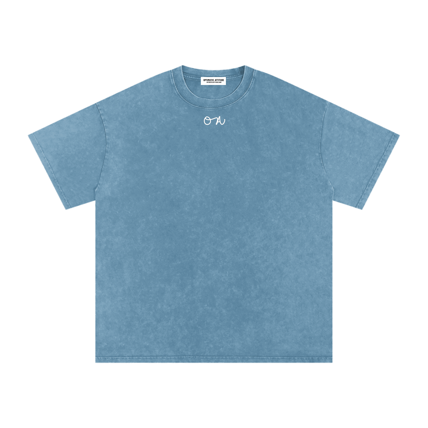 Ocean blue t-shirt with an 'OA' logo in front of a white background