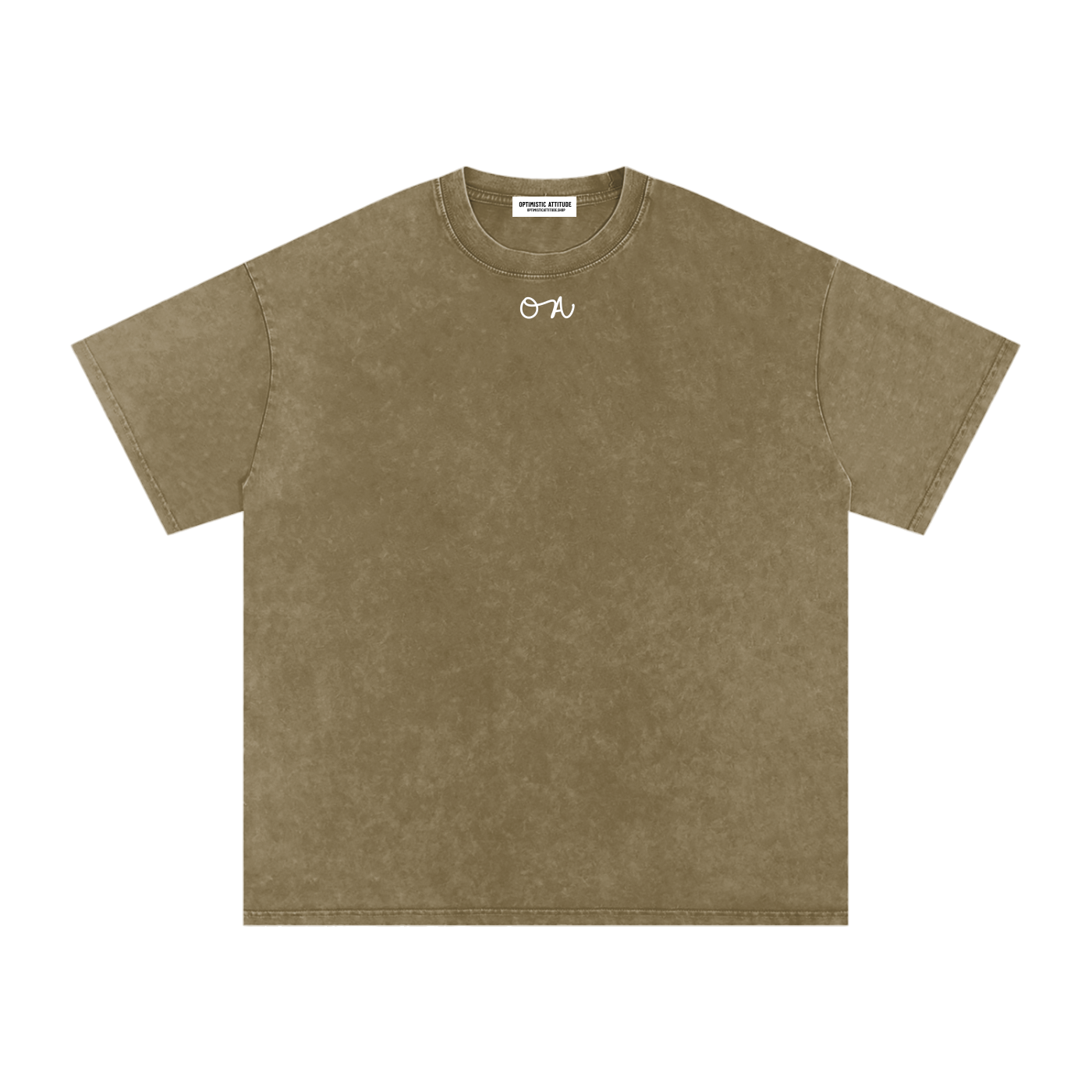 Olive Wash t-shirt with an 'OA' logo in front of a white background