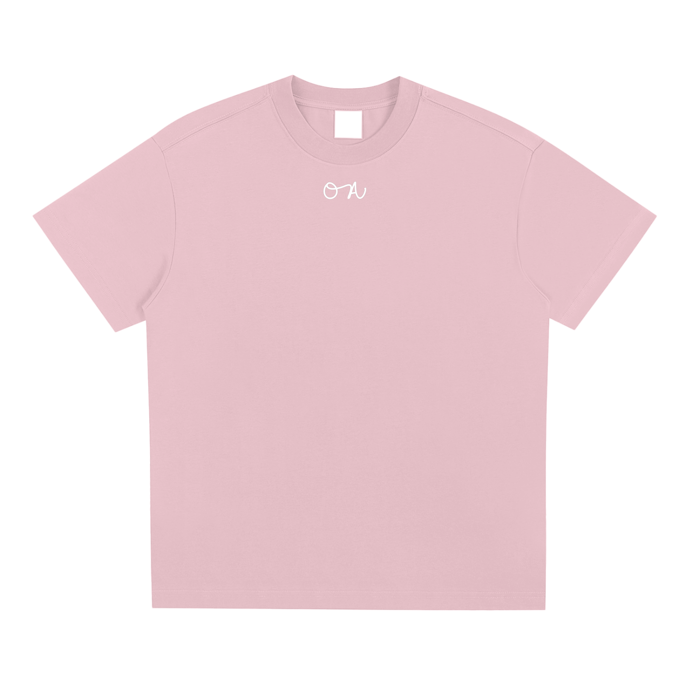 Pink t-shirt with a white logo on a white background