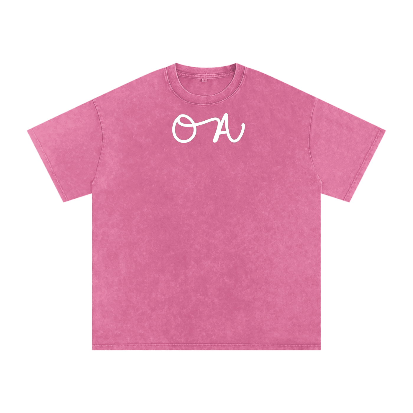 Pink t-shirt with a white logo on a white background