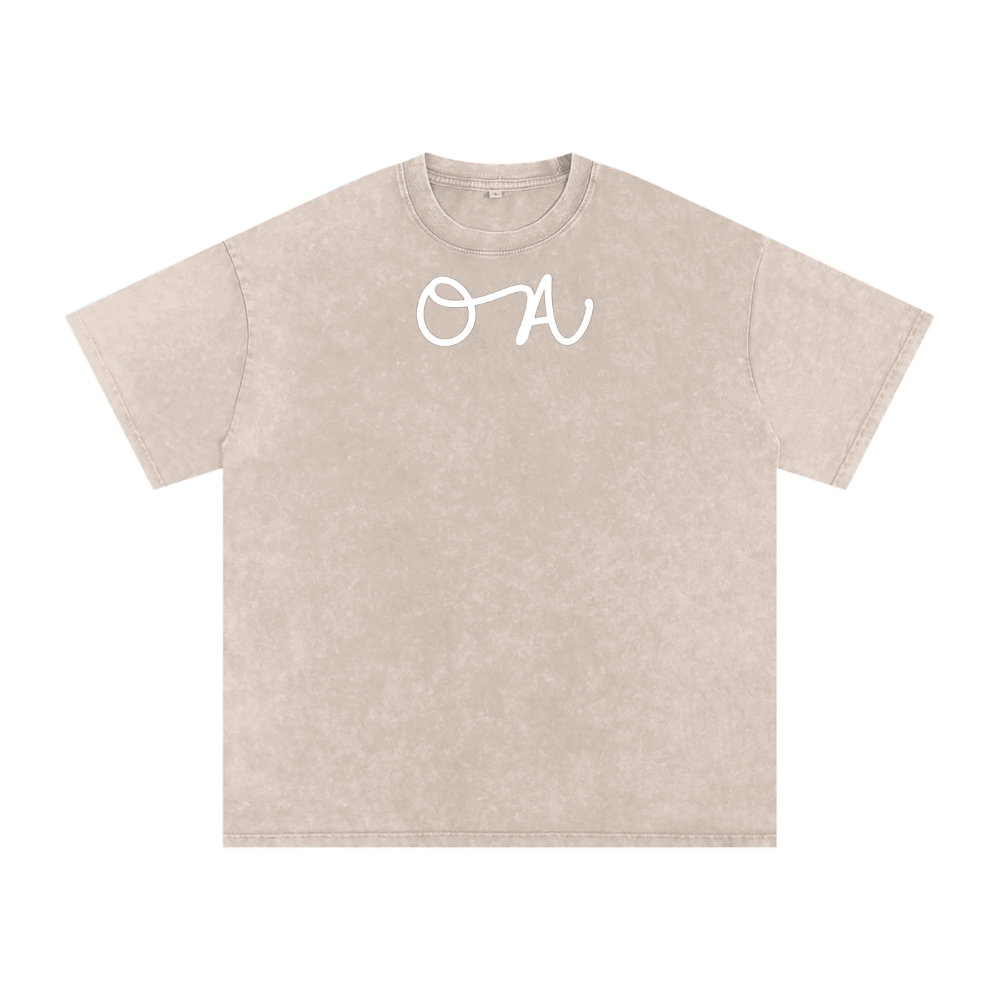 Beige t-shirt with white logo on a white background