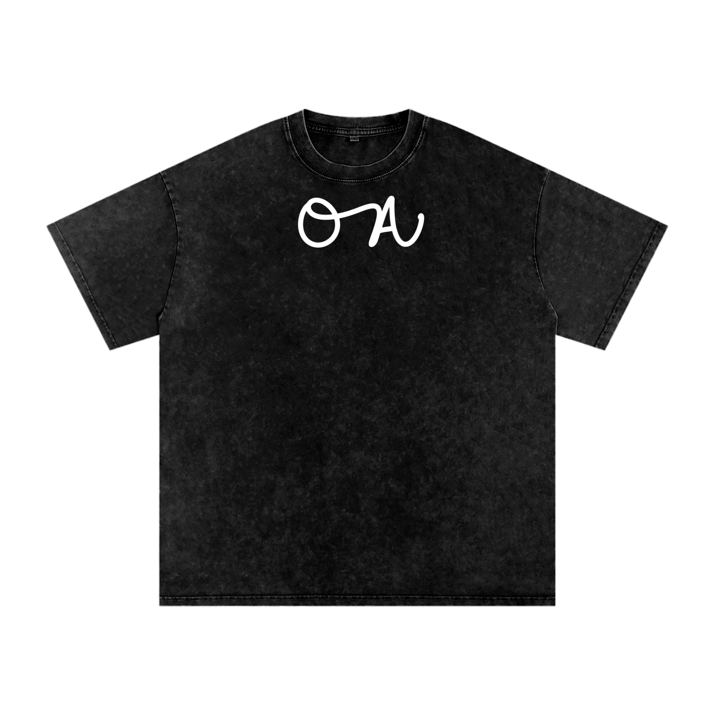 Black t-shirt with white logo on a white background