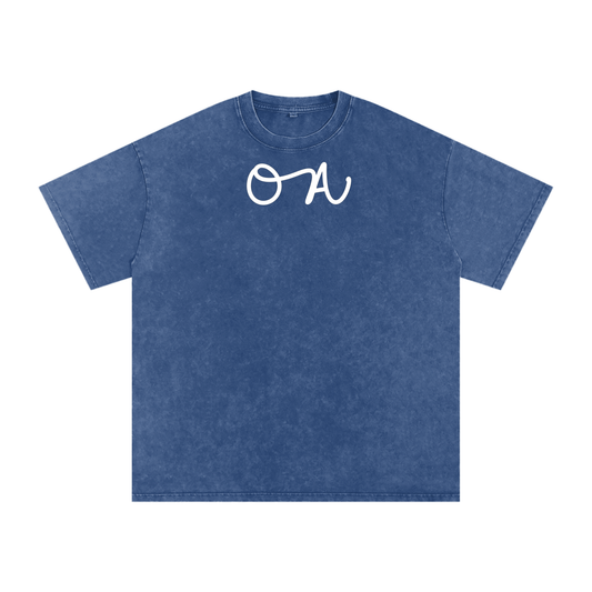 Blue t-shirt with a white logo on a white background