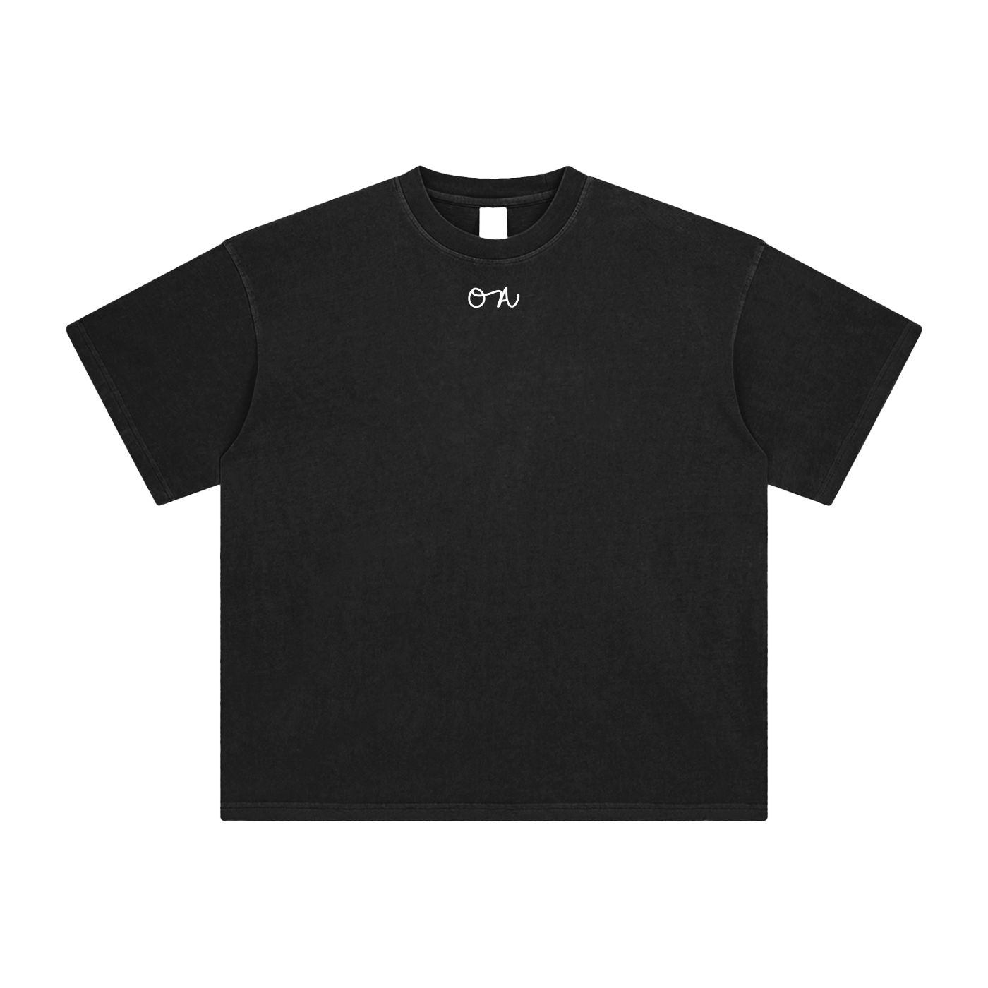 Black t-shirt with a small white 'OA' logo on a white background