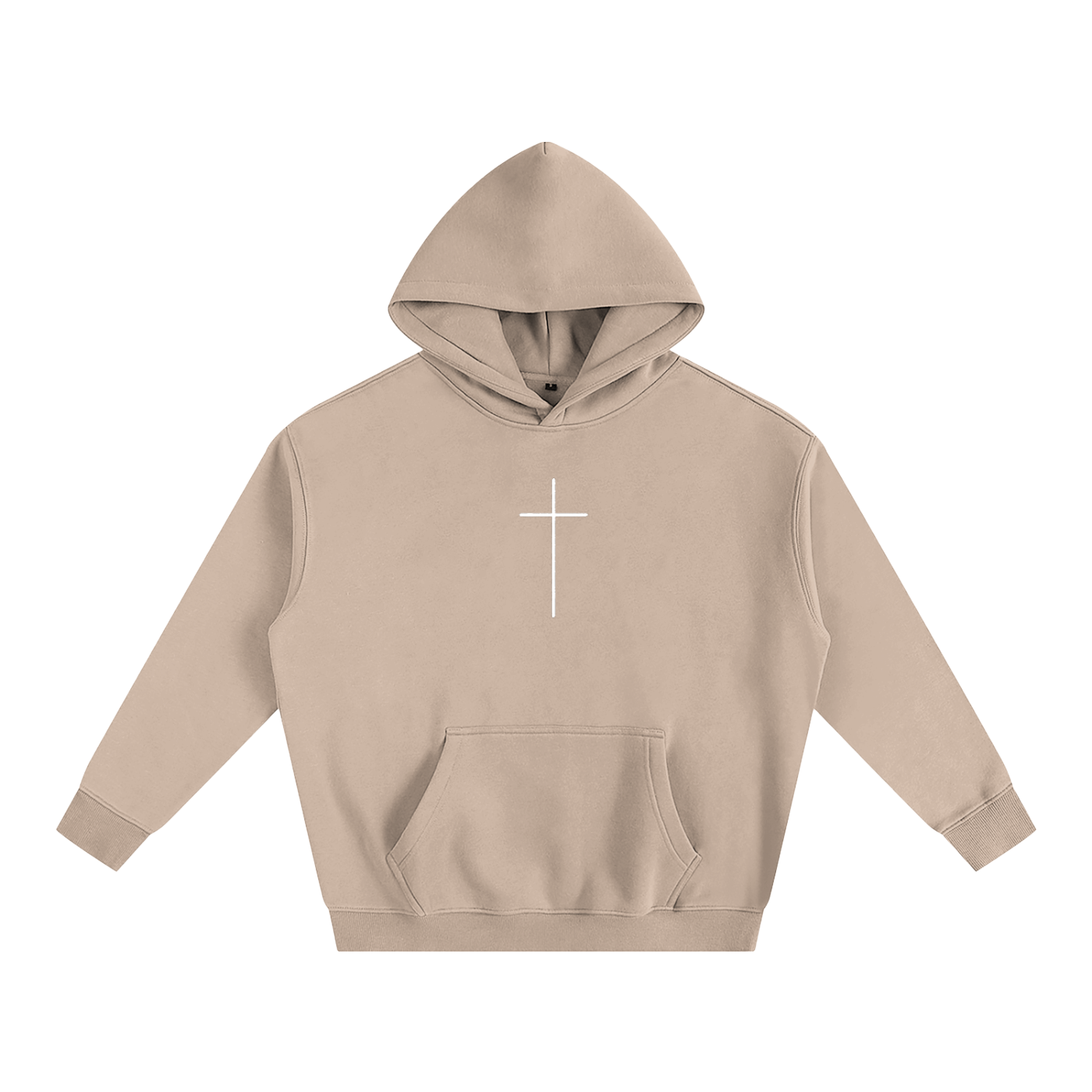 Beige hoodie with a white cross on a white background