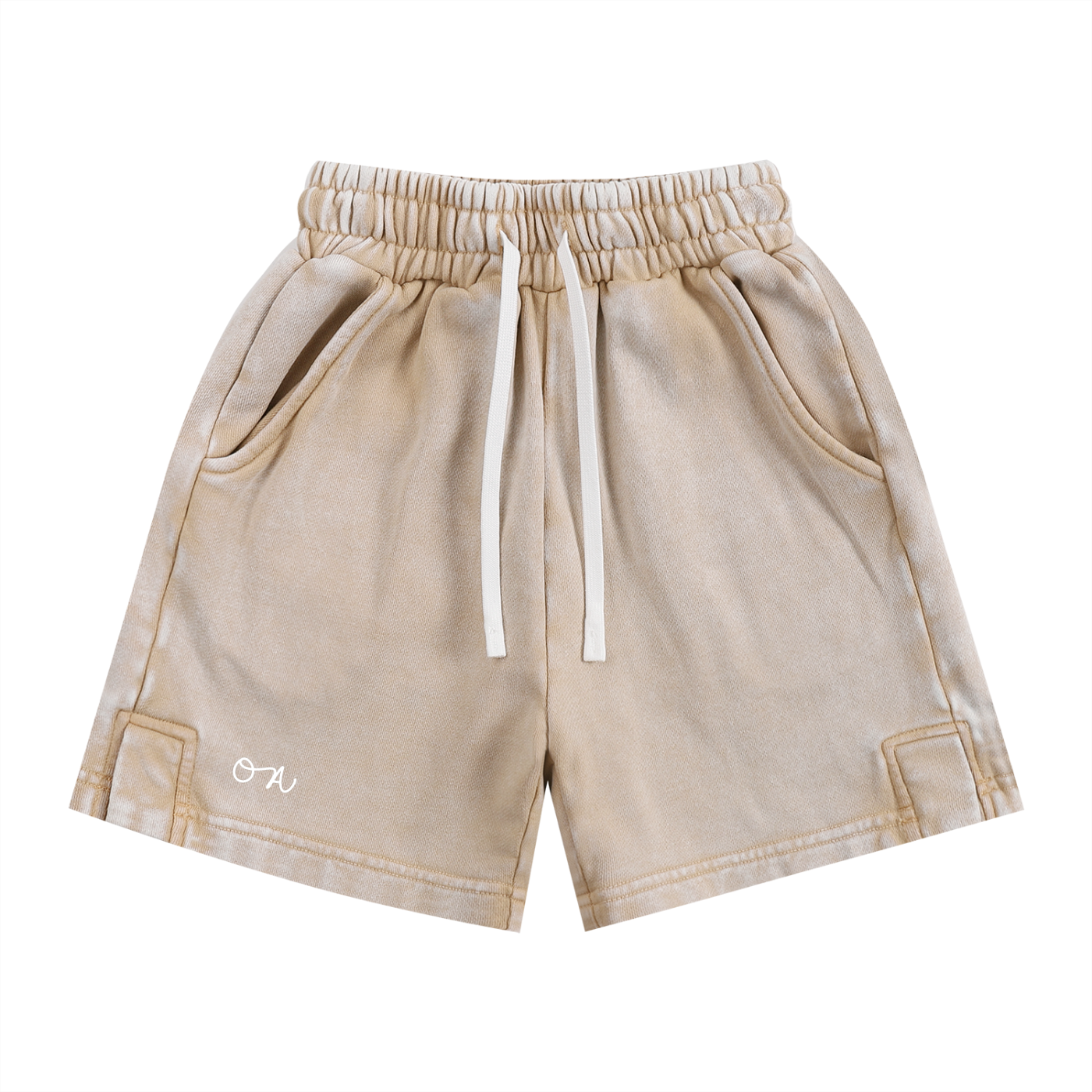 Front of beige shorts with an 'oa' logo in front of a white background.