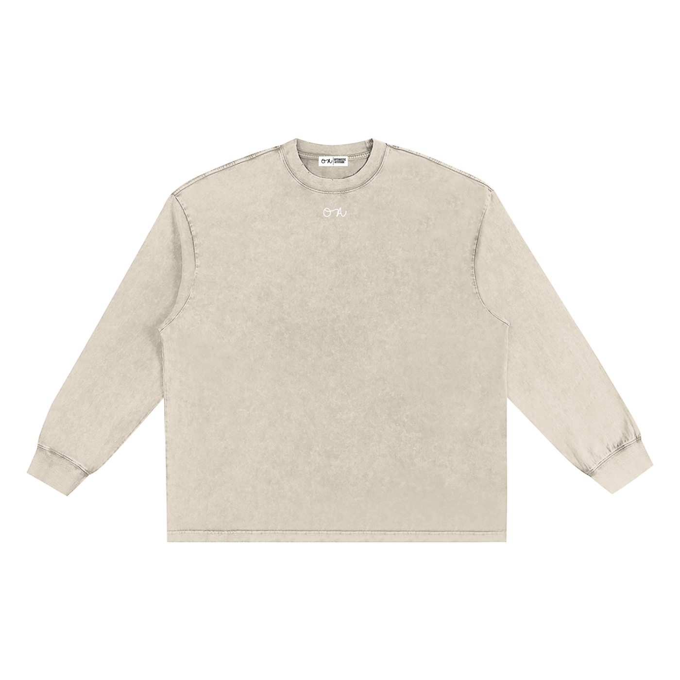 Beige long-sleeve shirt with a white oa logo in front of a white background