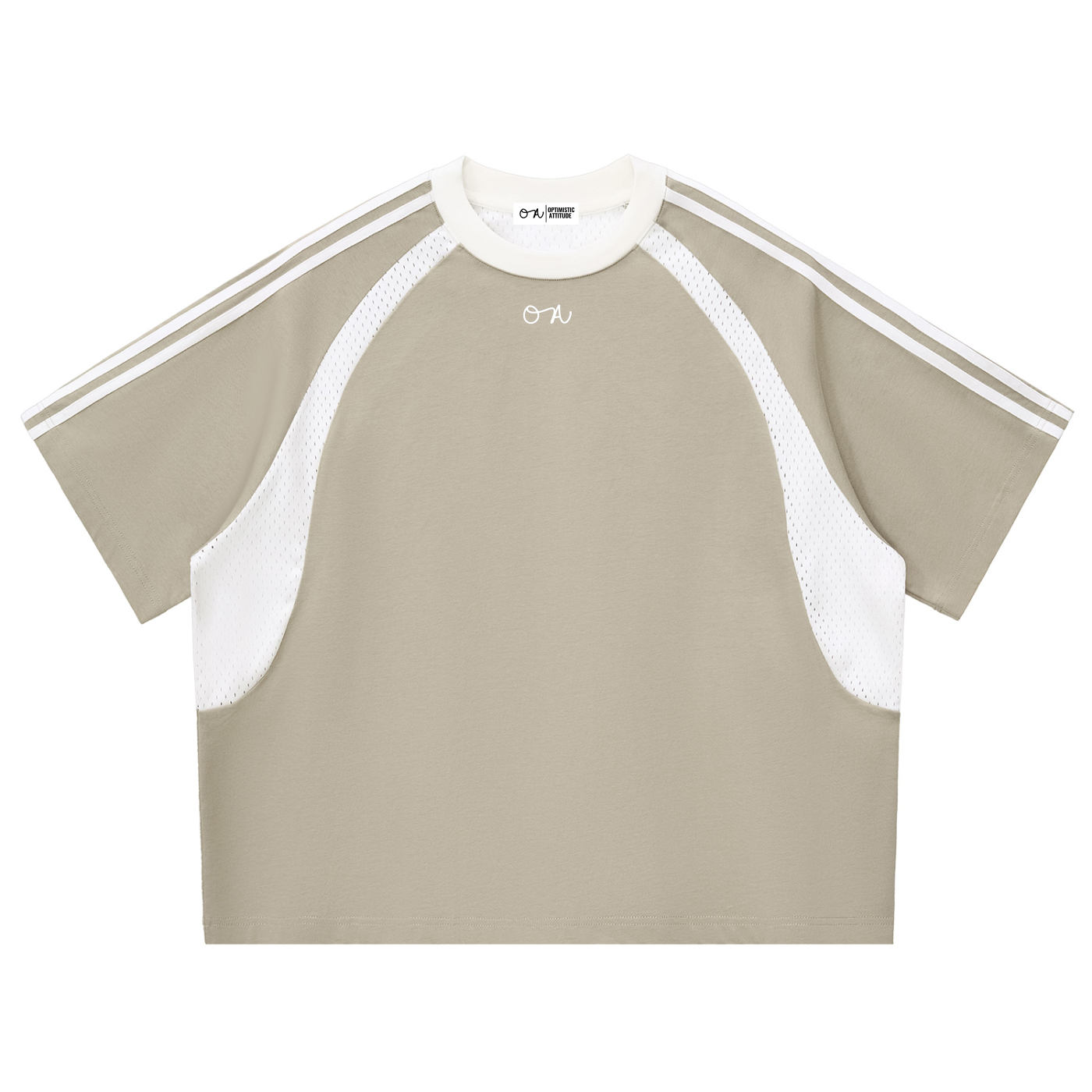Beige t-shirt with white detailing with an 'oa' logo on a white background