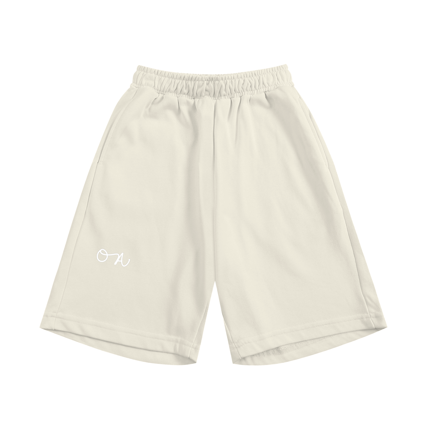 Beige shorts with a small logo on a white background