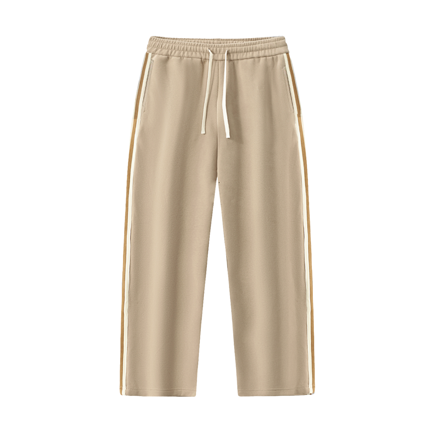 Beige sweatpants with white drawstring on a white background