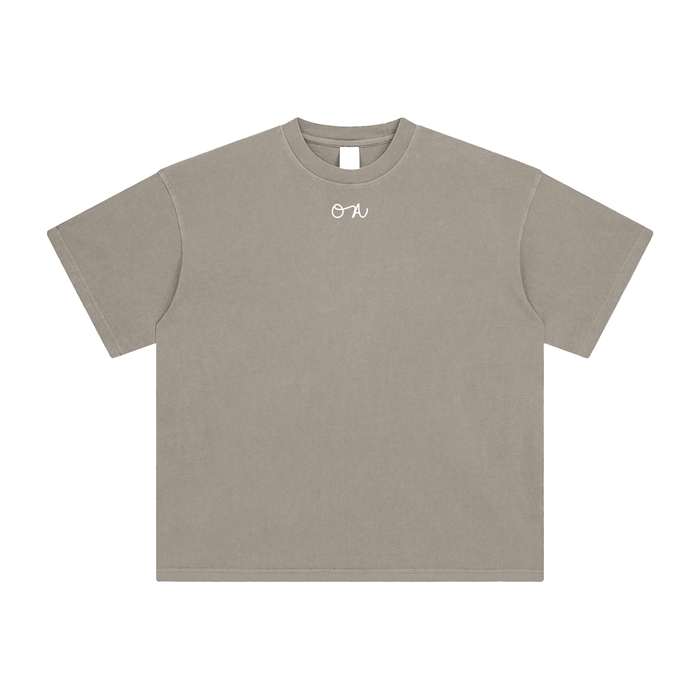 Beige t-shirt with an 'OA' logo on a white background