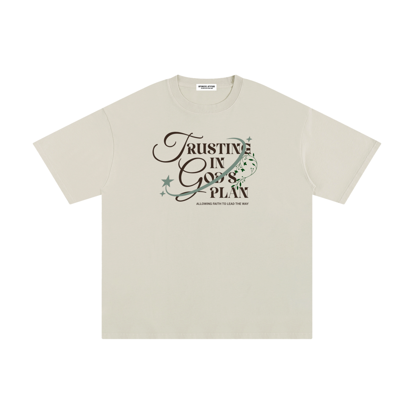 Beige t-shirt with 'Trusting in God's Plan' text and floral design on a white background