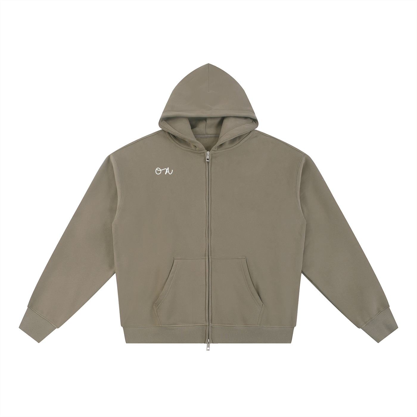 Beige hoodie with an 'OA' brand logo in front of a white background.