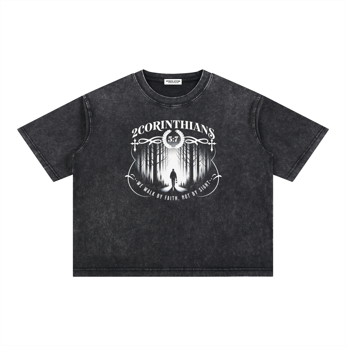 Black t-shirt with white graphic design containing the words "2 corinthians" "we walk by faith, not by sight." with a graphic of a person wondering the woods on a white background.
