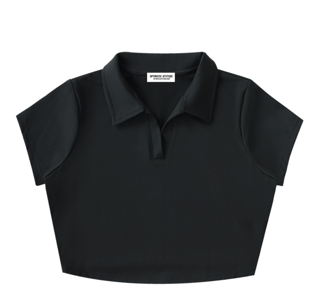 Black crop top with a collar in front of a white background