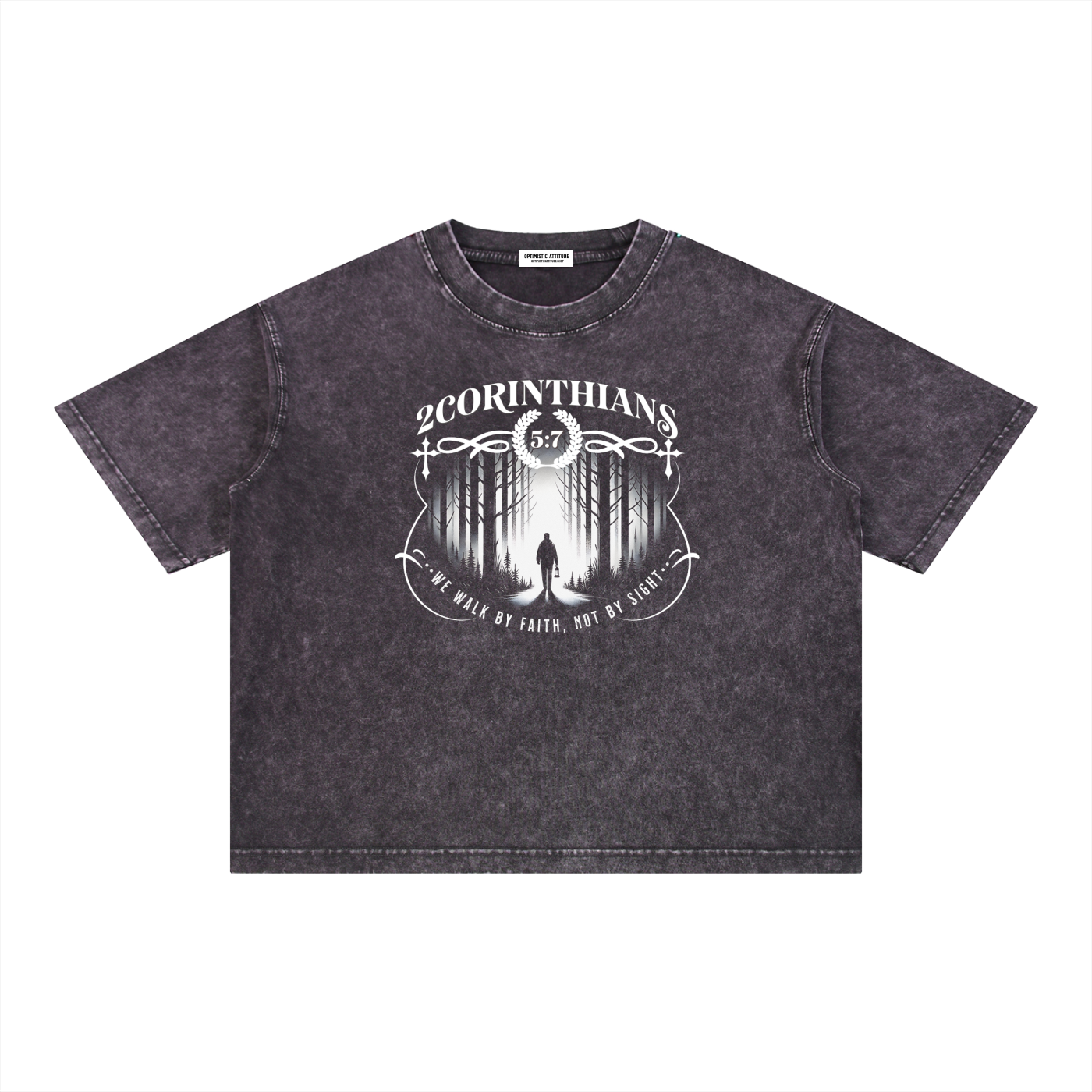 Brown/Black t-shirt with white graphic design containing the words "2 corinthians" "we walk by faith, not by sight." with a graphic of a person wondering the woods on a white background.