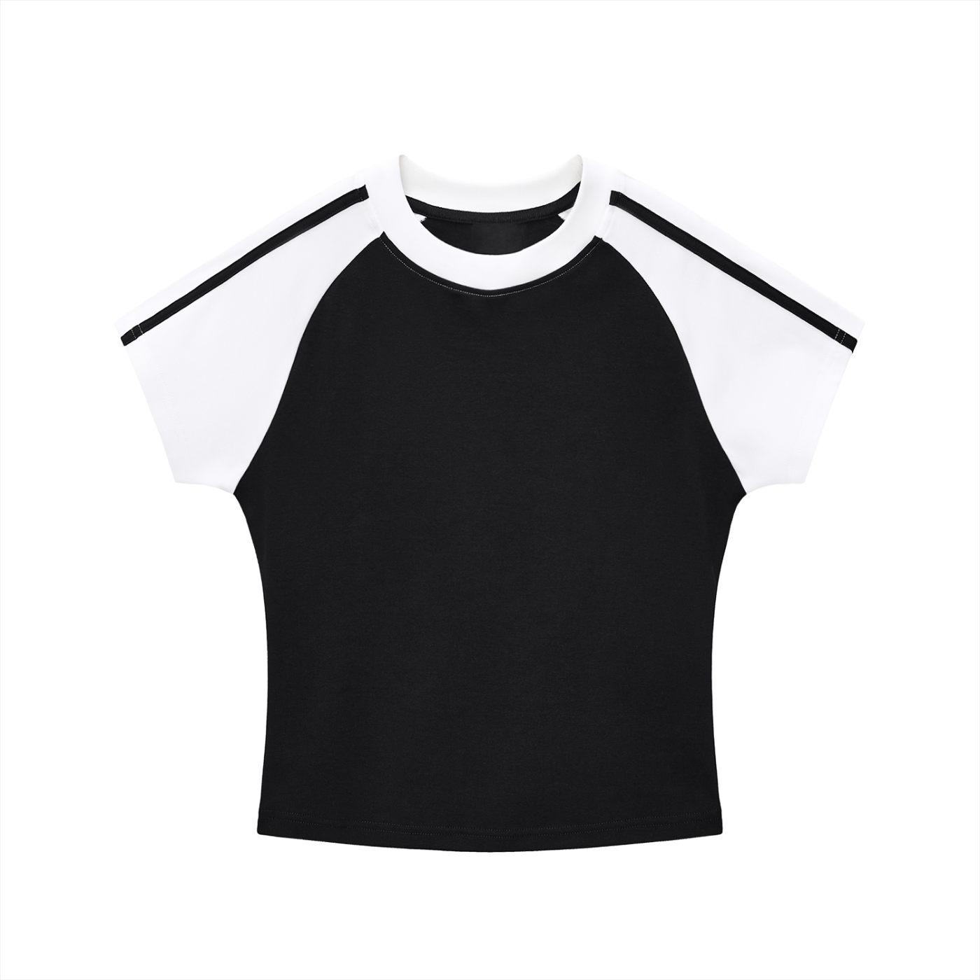 Black and white crop top with contrast detailing on a white background
