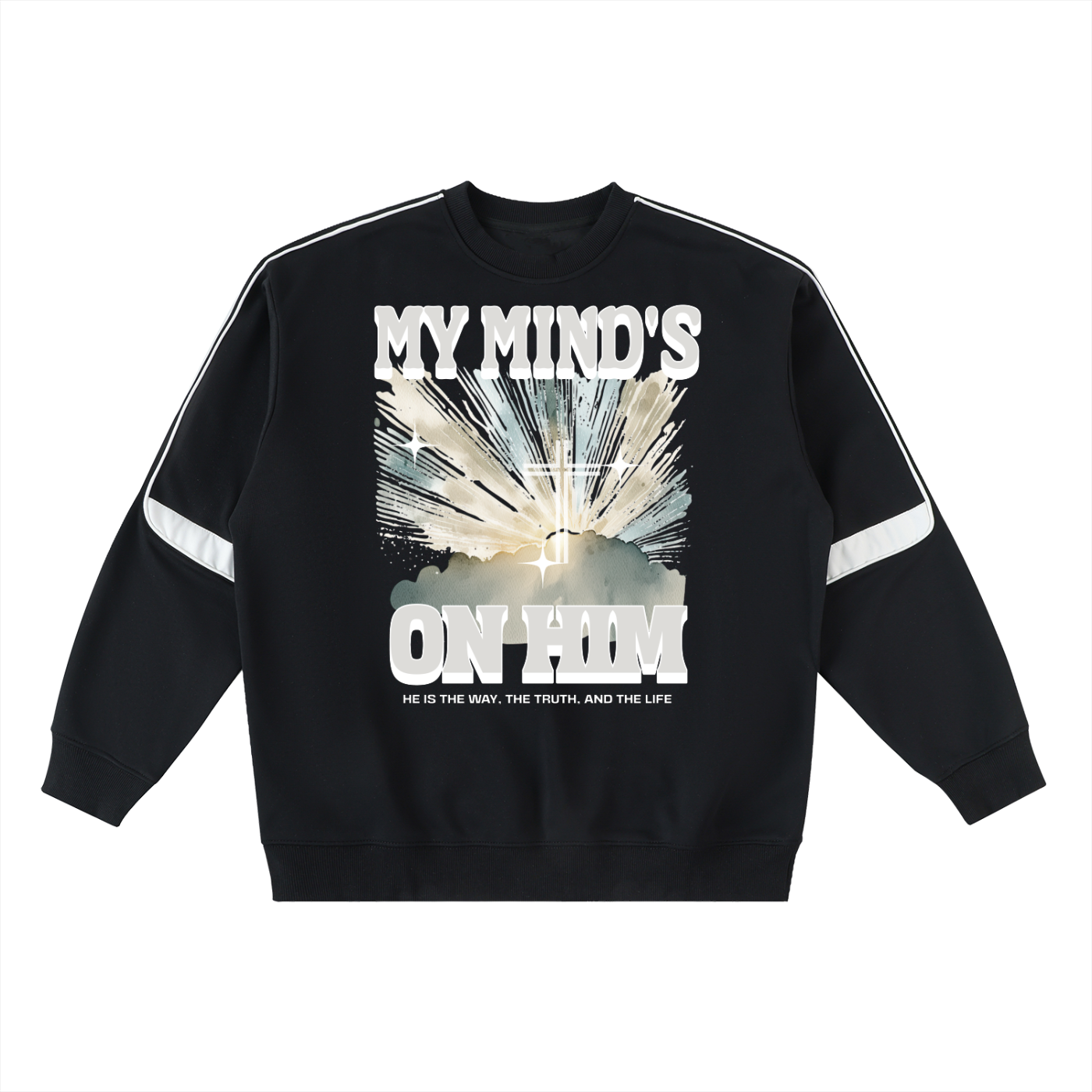 Front of black long sleeve crewneck sweatshirt with white detailing on the sleeves and a graphic design in the front of a white background. The graphic design consists of bright golden hues, with a cloud cross, and text. Text says "My minds on him. He is the way, the truth, and the life."