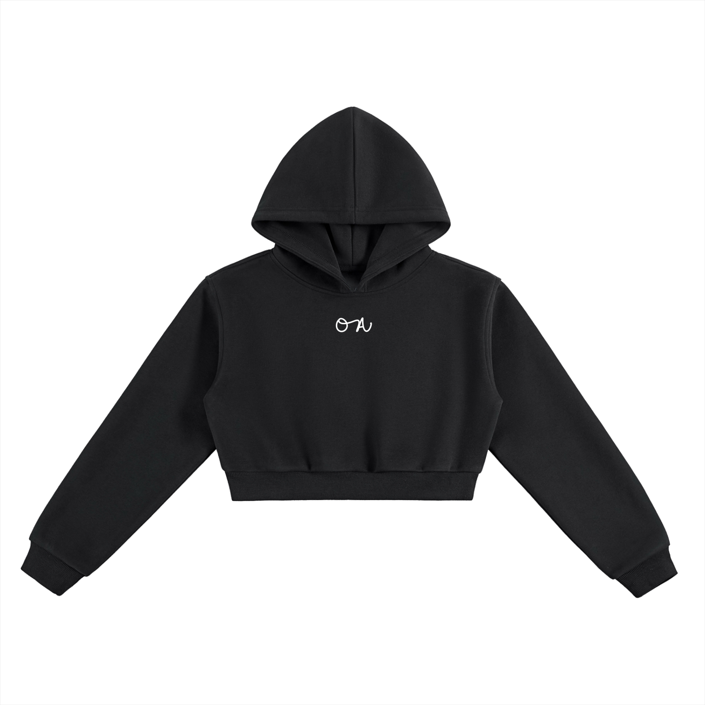 Black cropped hoodie with a small white logo on a white background