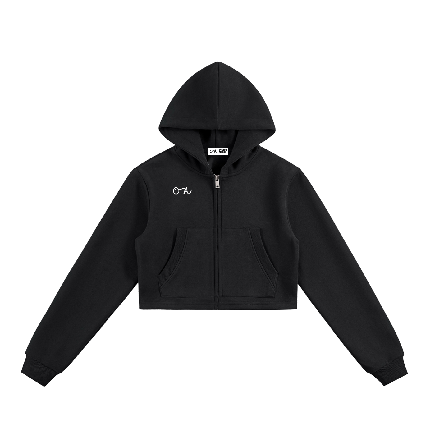 Front of black cropped zip up hoodie with white oa logo in front of a white background.