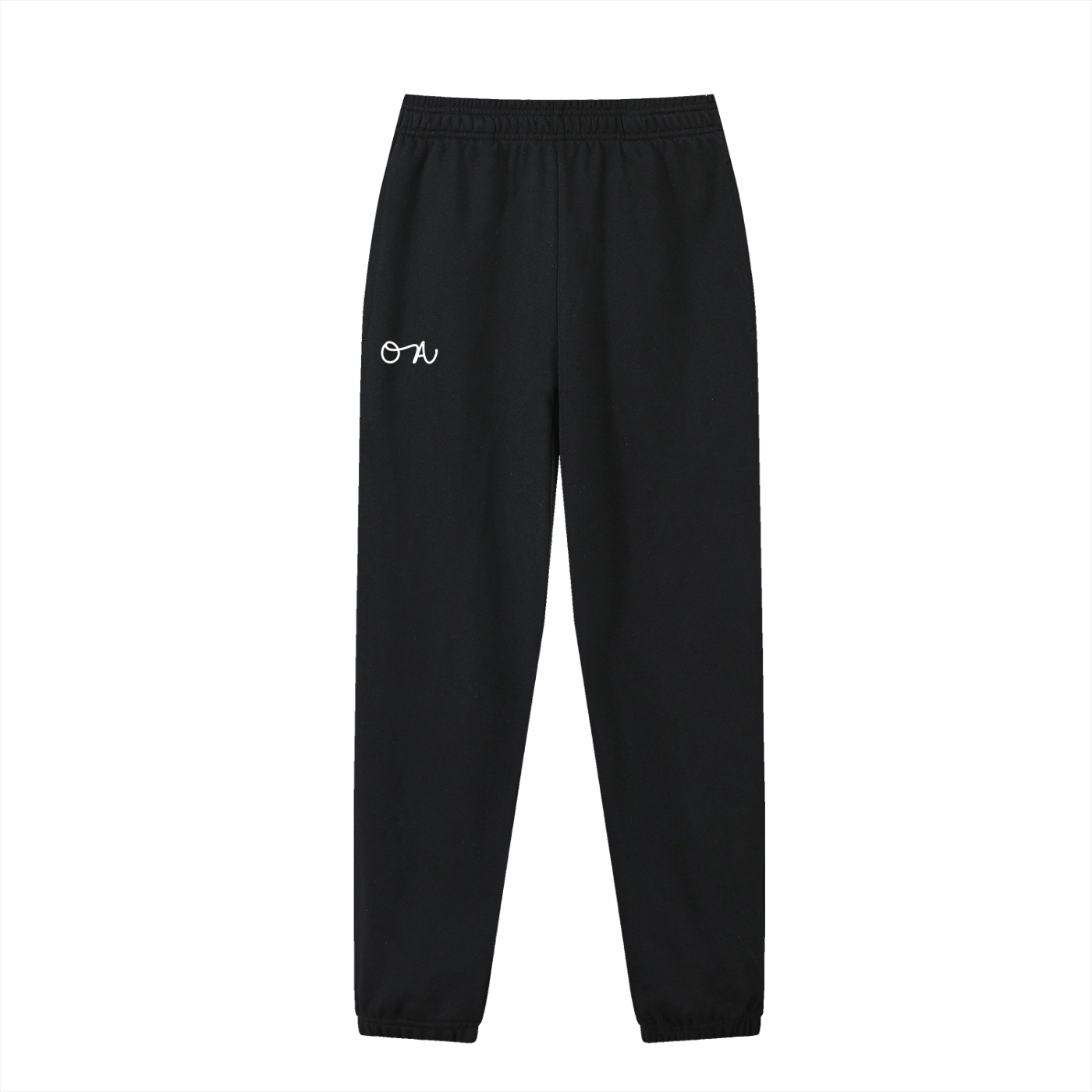 Back of black cuffed sweatpants/joggers with an oa logo in white in front of a white background.