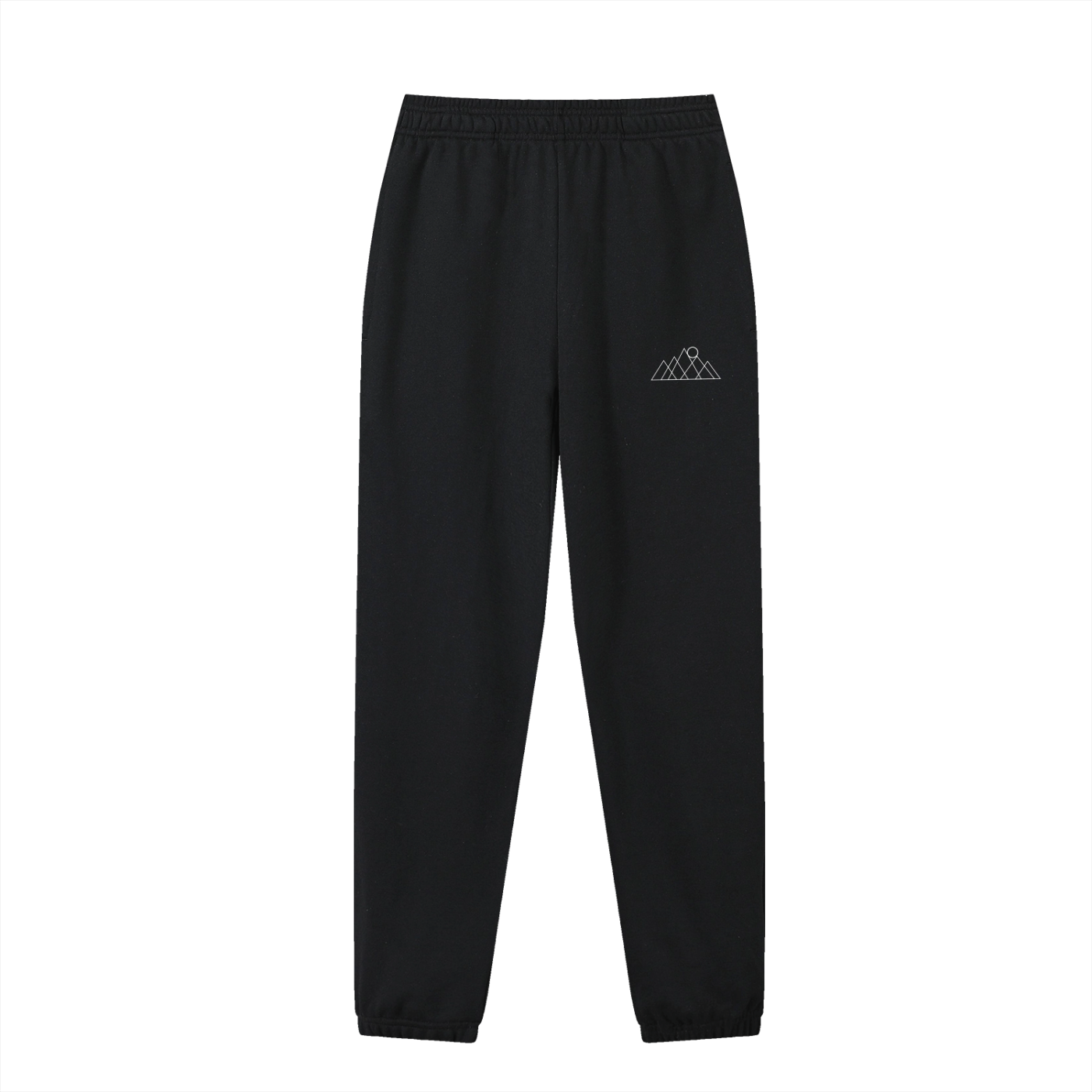 Black sweatpants with a white mountains and sun rising logo/symbol on a white background