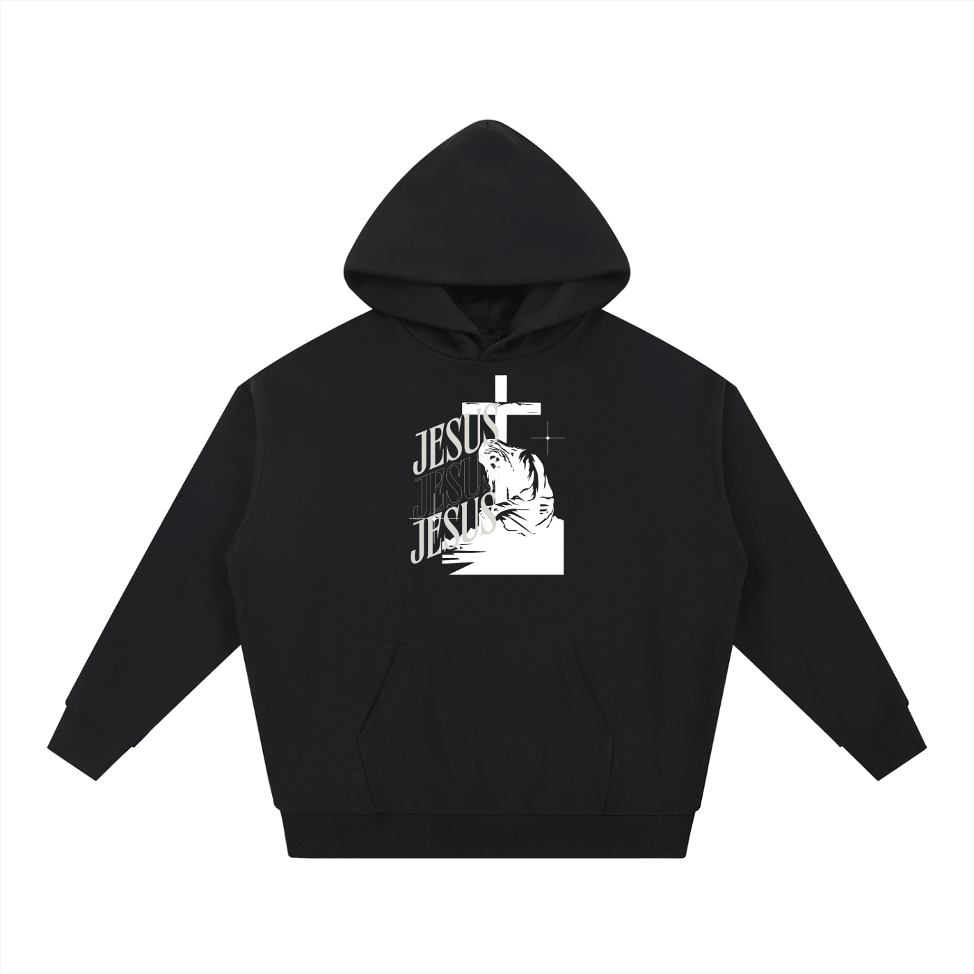 Black hoodie with 'Jesus' text and cross design on a white background