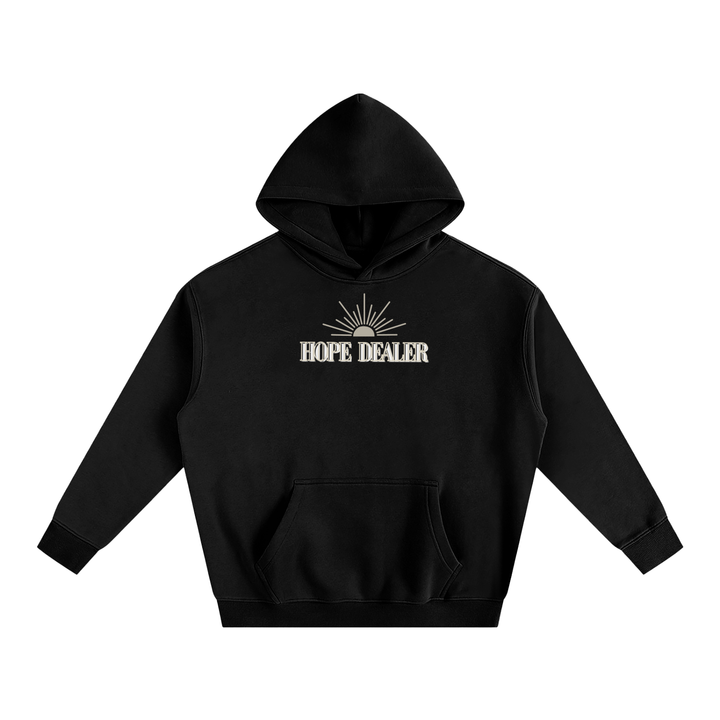 Black hoodie with white/tan 'HOPE DEALER' text and tan colored sun graphic in front of a white background