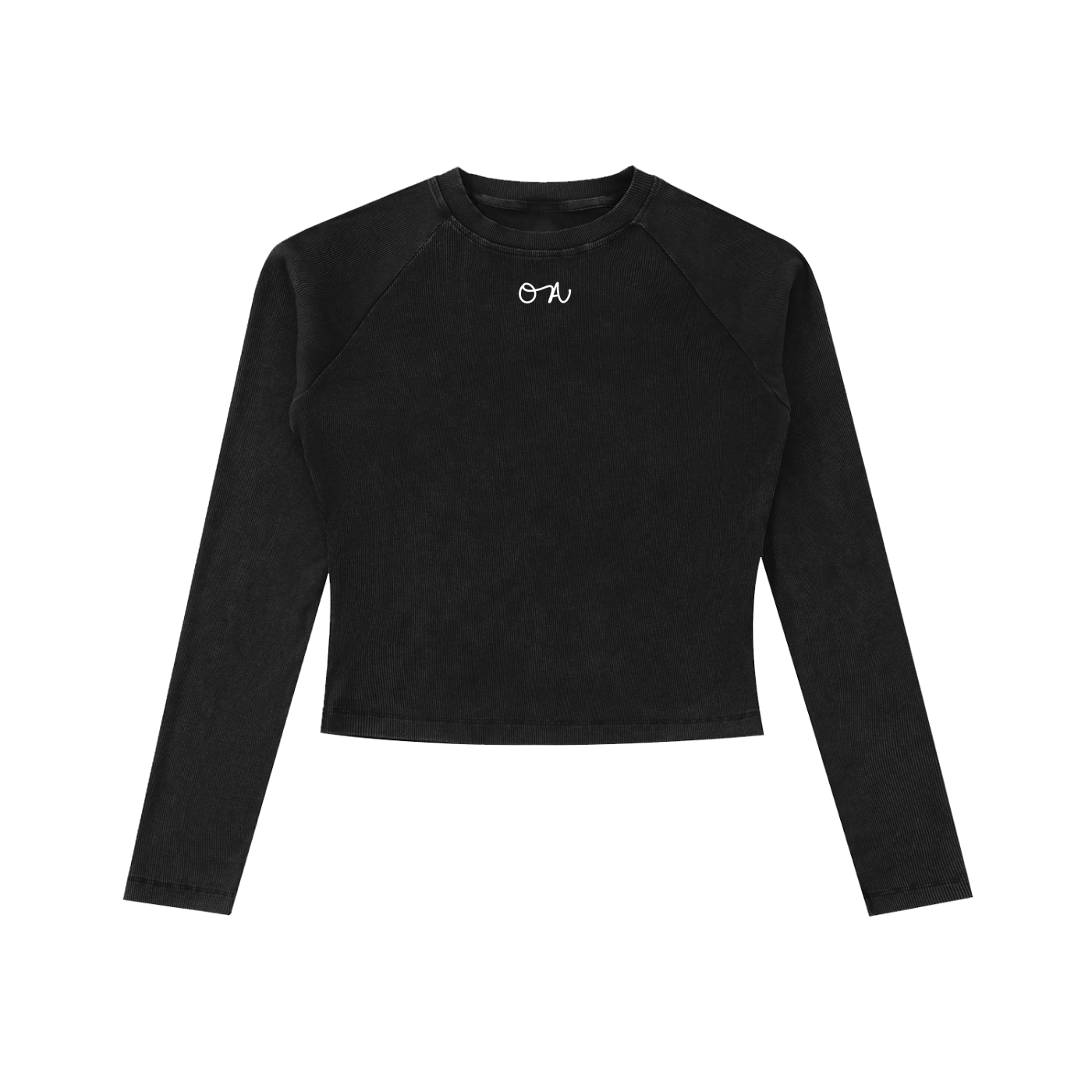 Black long-sleeve crop top with an 'OA' logo in front of a white background