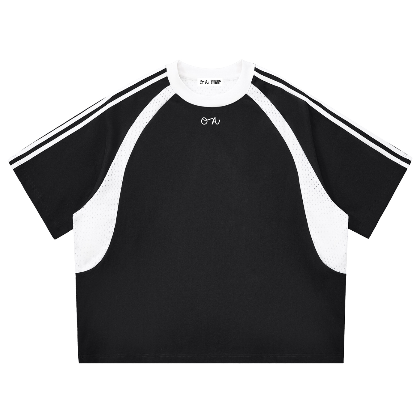 Black and white athletic shirt with stripes and an 'oa' logo on a white background