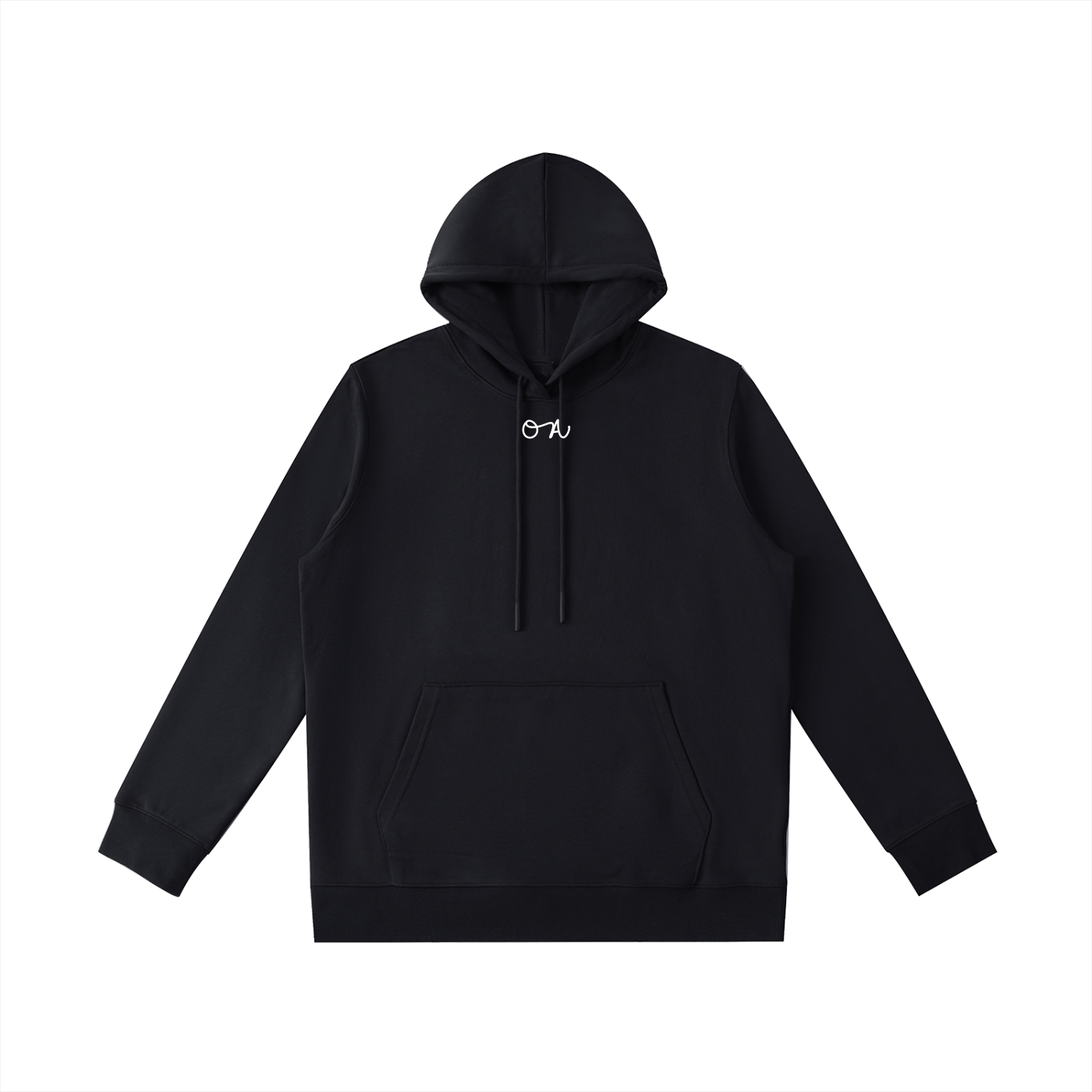 Black hoodie with a small white 'OA' logo on a white background