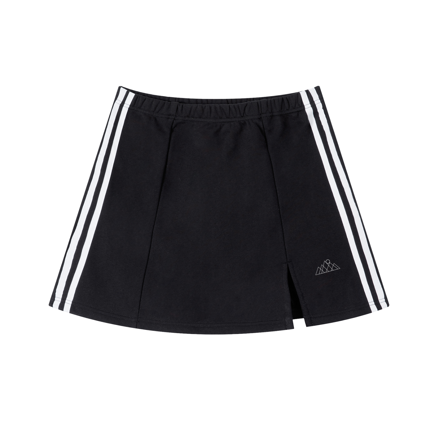 Black skort with white stripes and a mountain/sun rising symbol on a white background