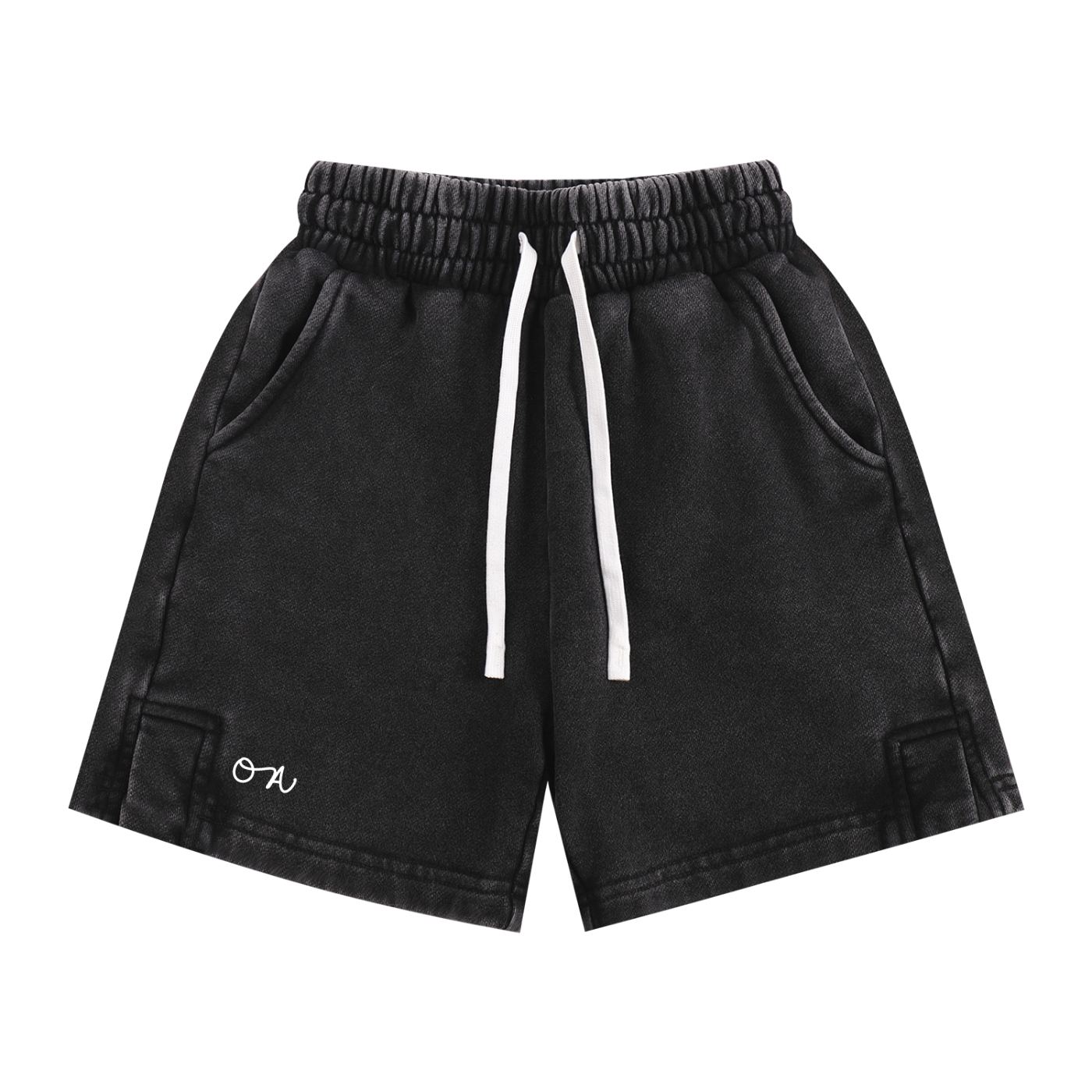 Black kids shorts with a white drawstring and 'oa' logo on a white background