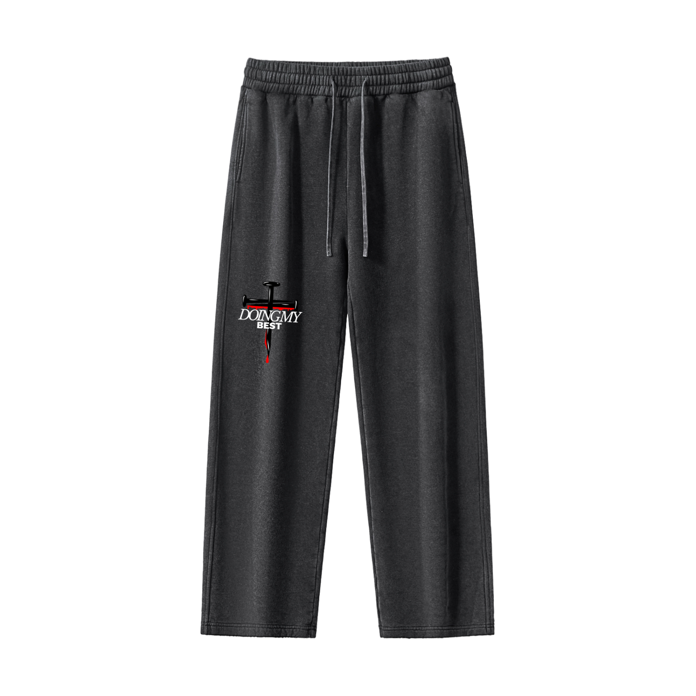 Black sweatpants with a cross design and 'doing my best' text in front of a white background.