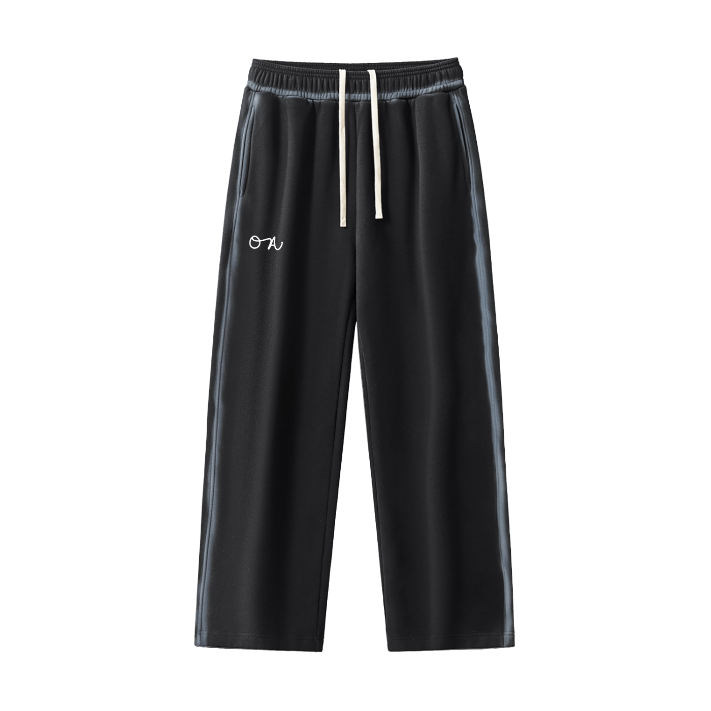 Black pants with faded lines down the sides with a white drawstring in front of a white background