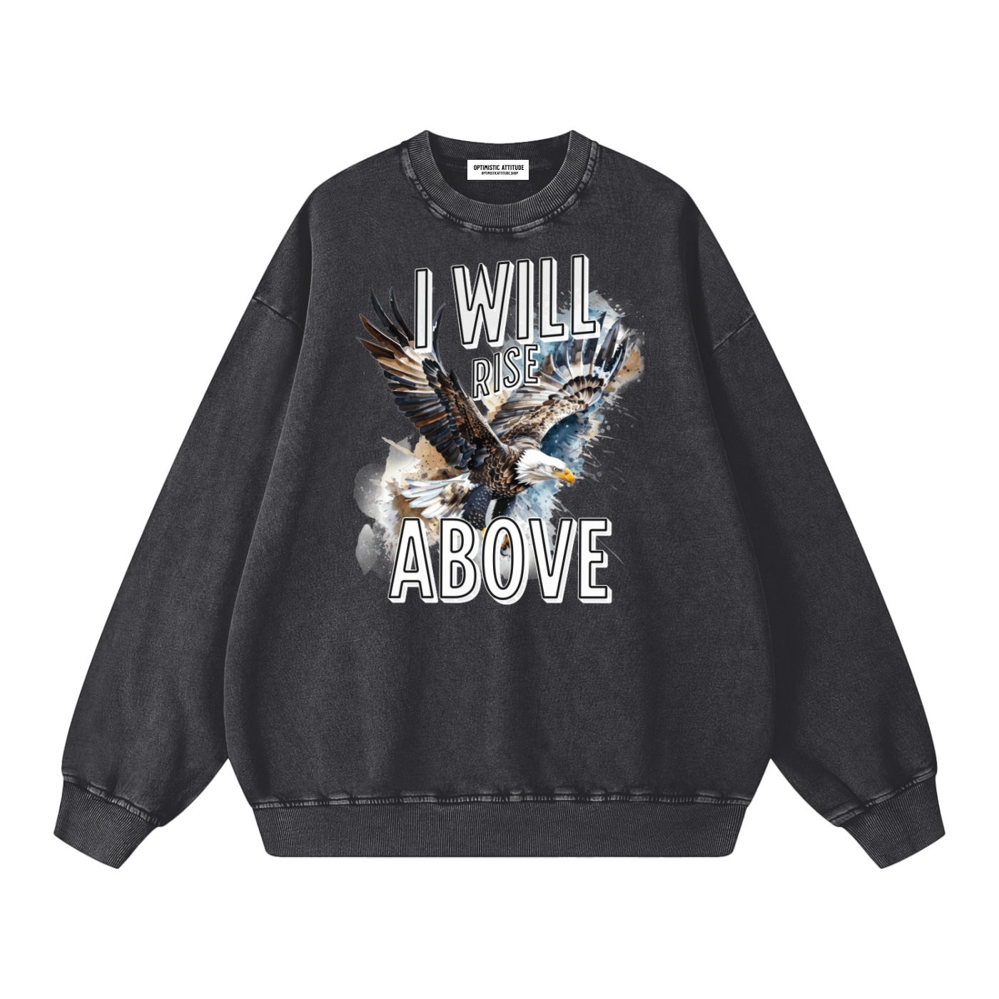 Black sweatshirt with eagle graphic and 'I Will Rise Above' text on a white background