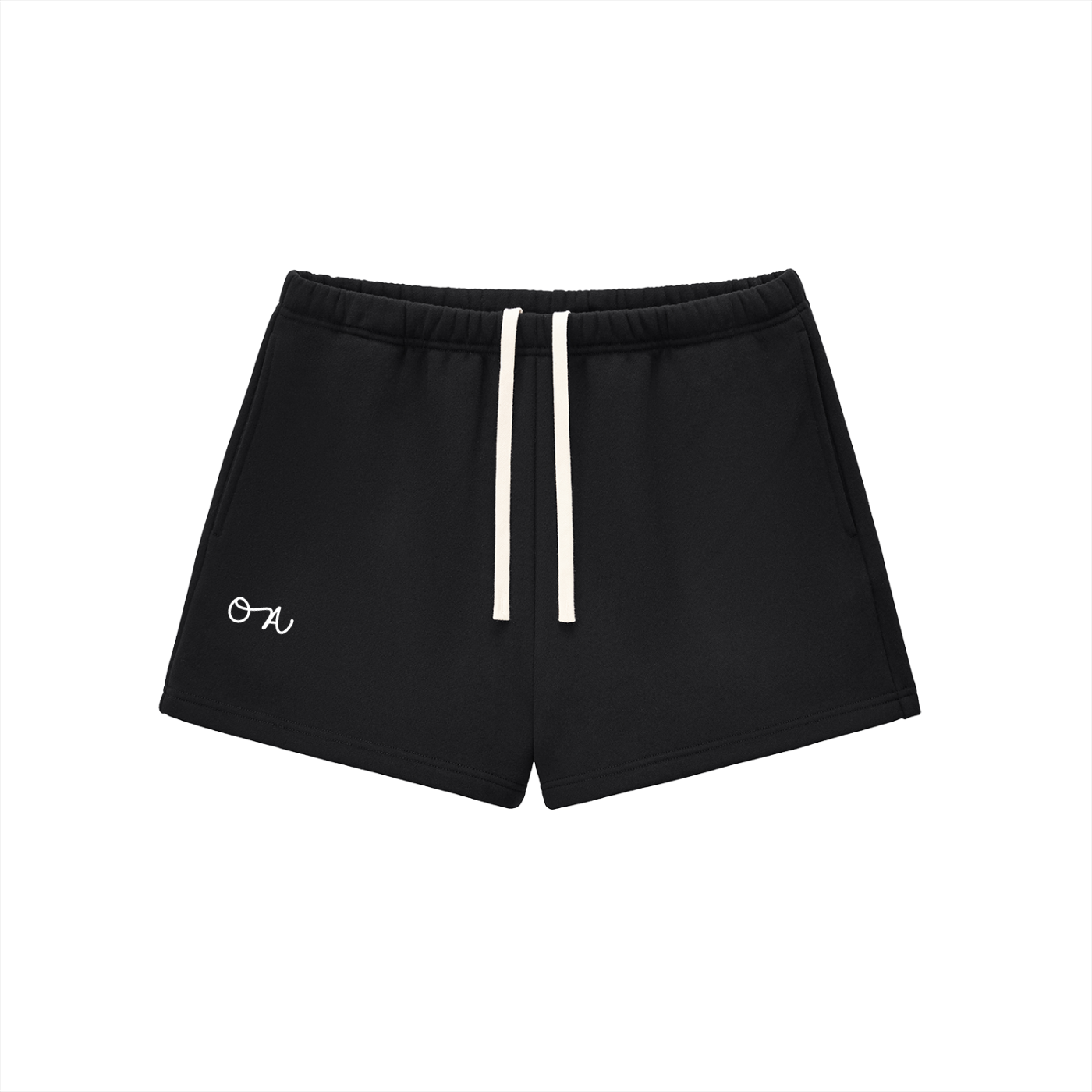 Black shorts with white drawstrings and an 'OA' logo in front of a white background