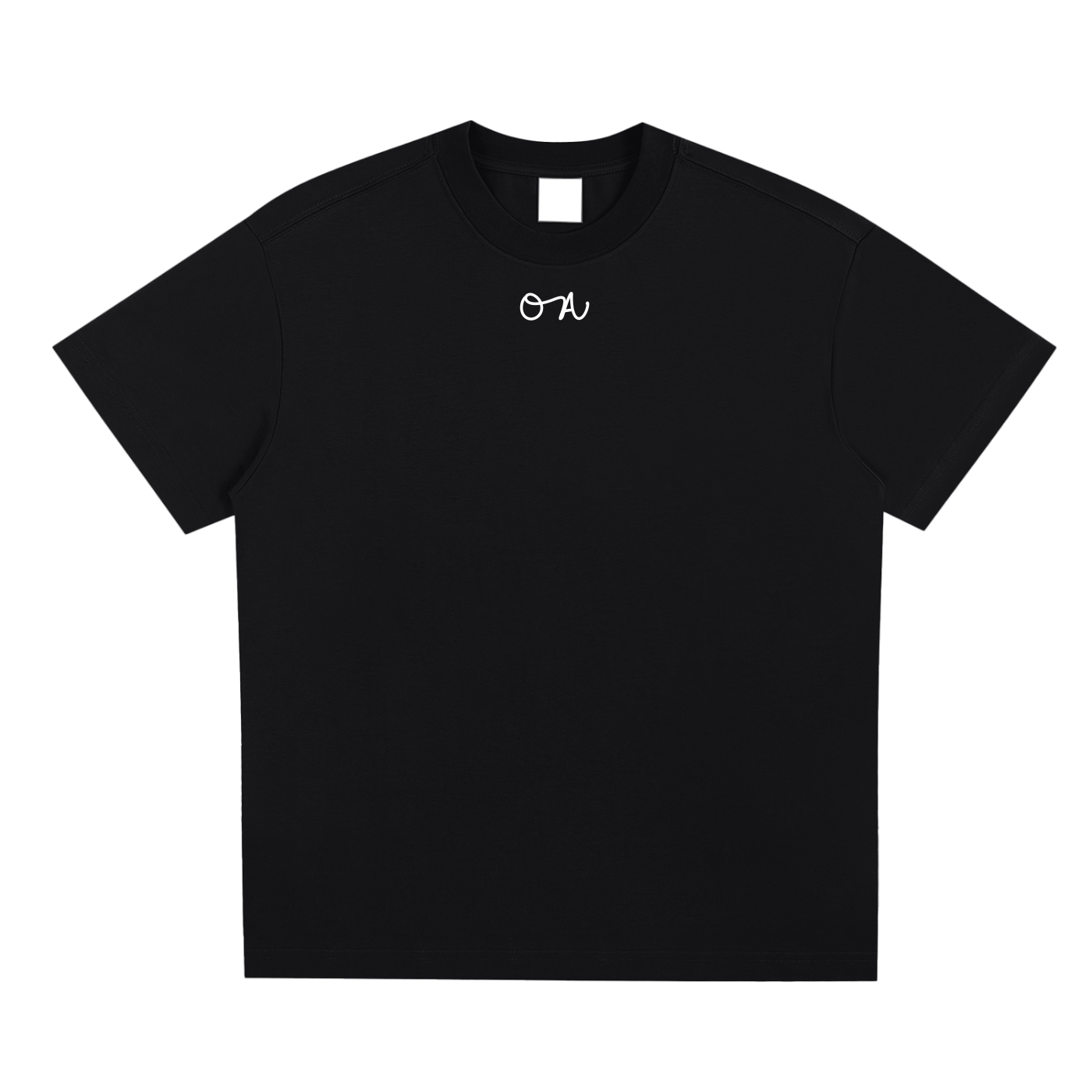Black t-shirt with a white logo on a white background