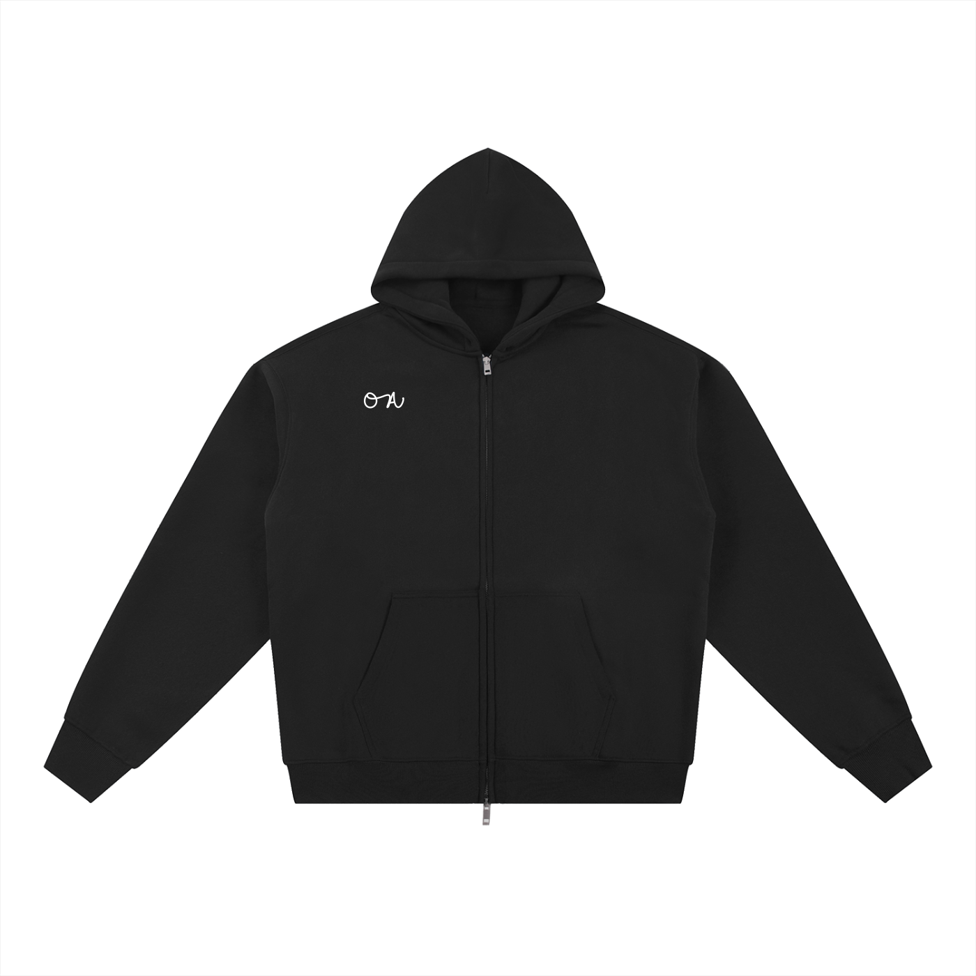 Black hoodie with an 'OA' logo on a white background