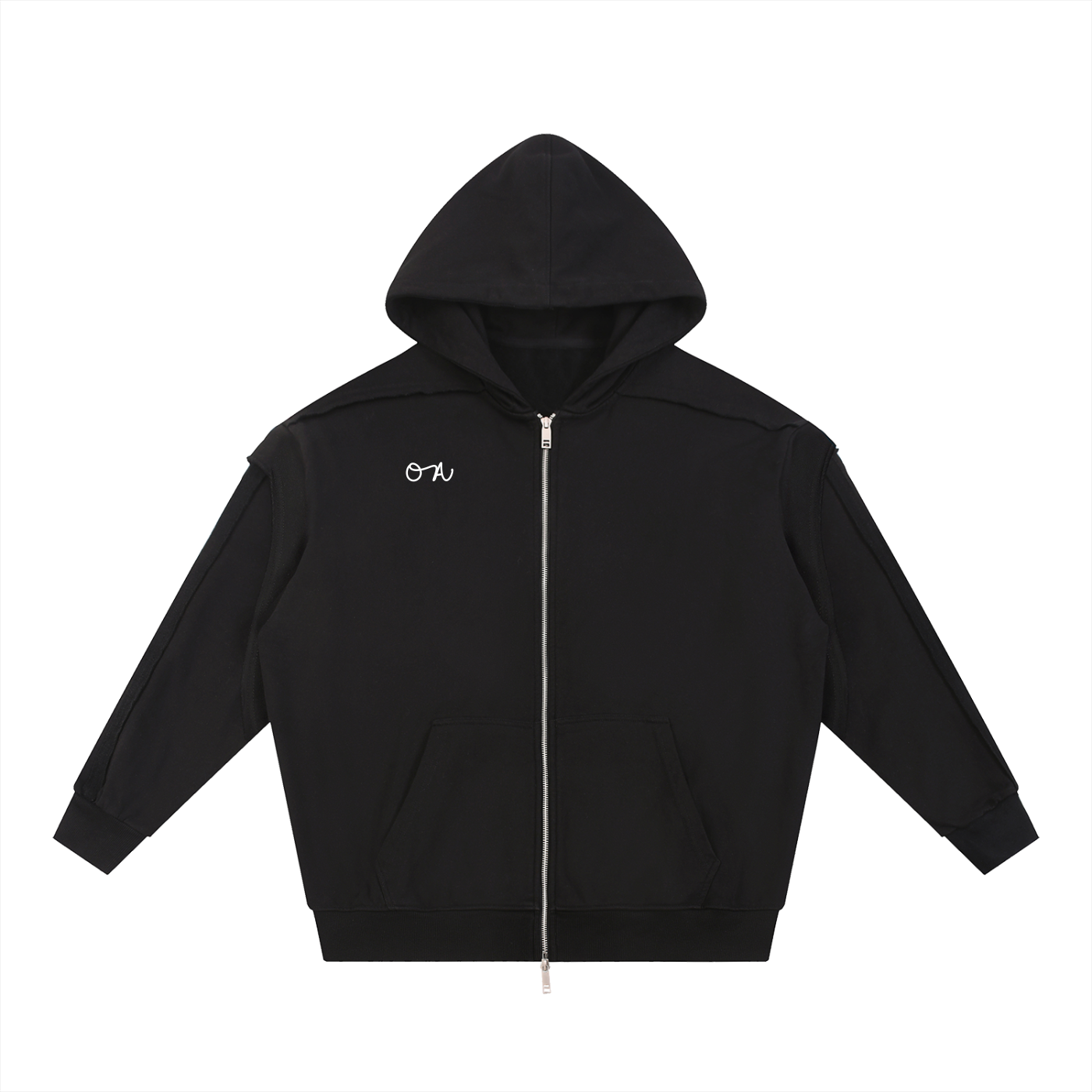 Black Zip up hoodie with white stripes on sleeves and an 'oa' logo in white in front of a white background