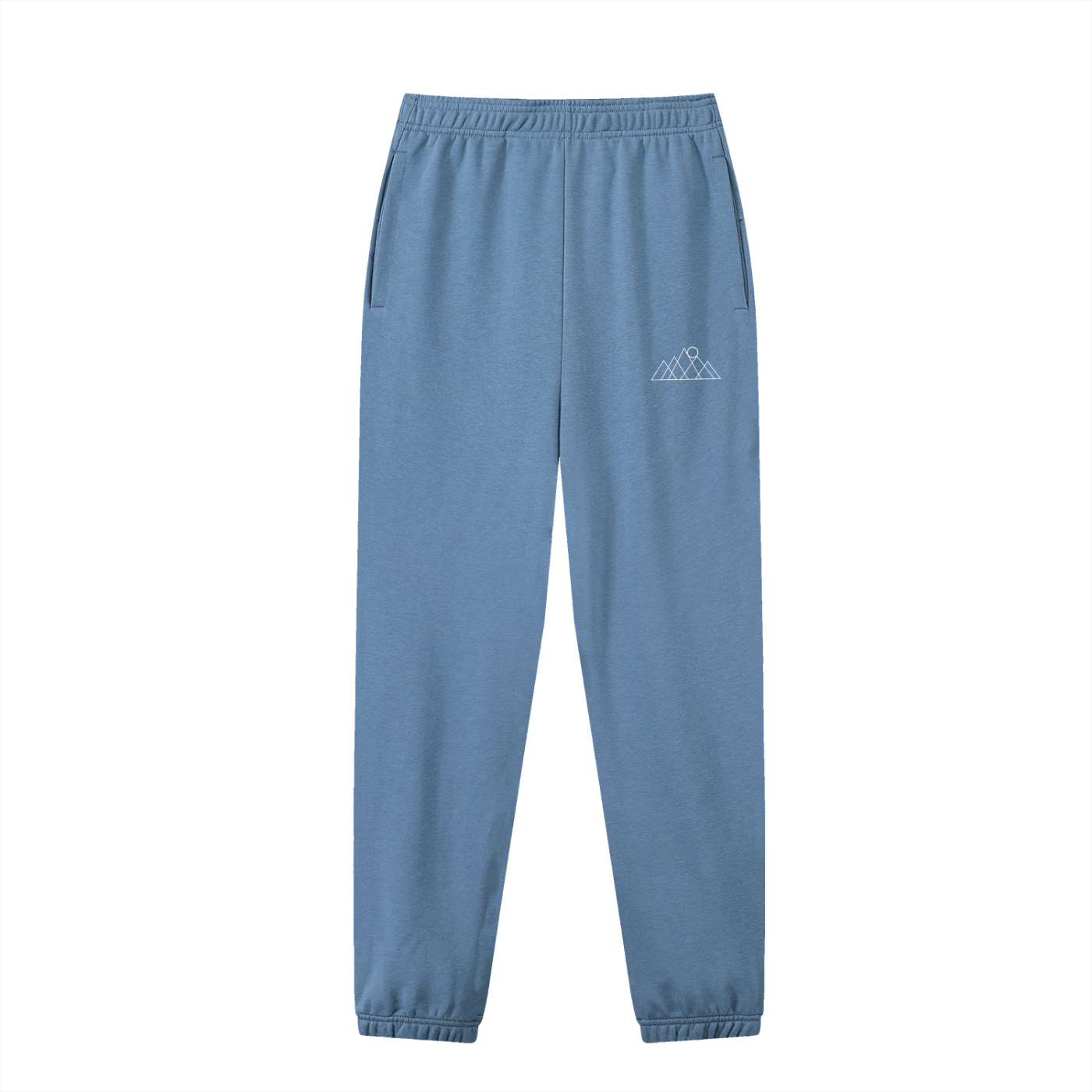 Blue sweatpants with a white mountains and sun rising logo/symbol on a white background