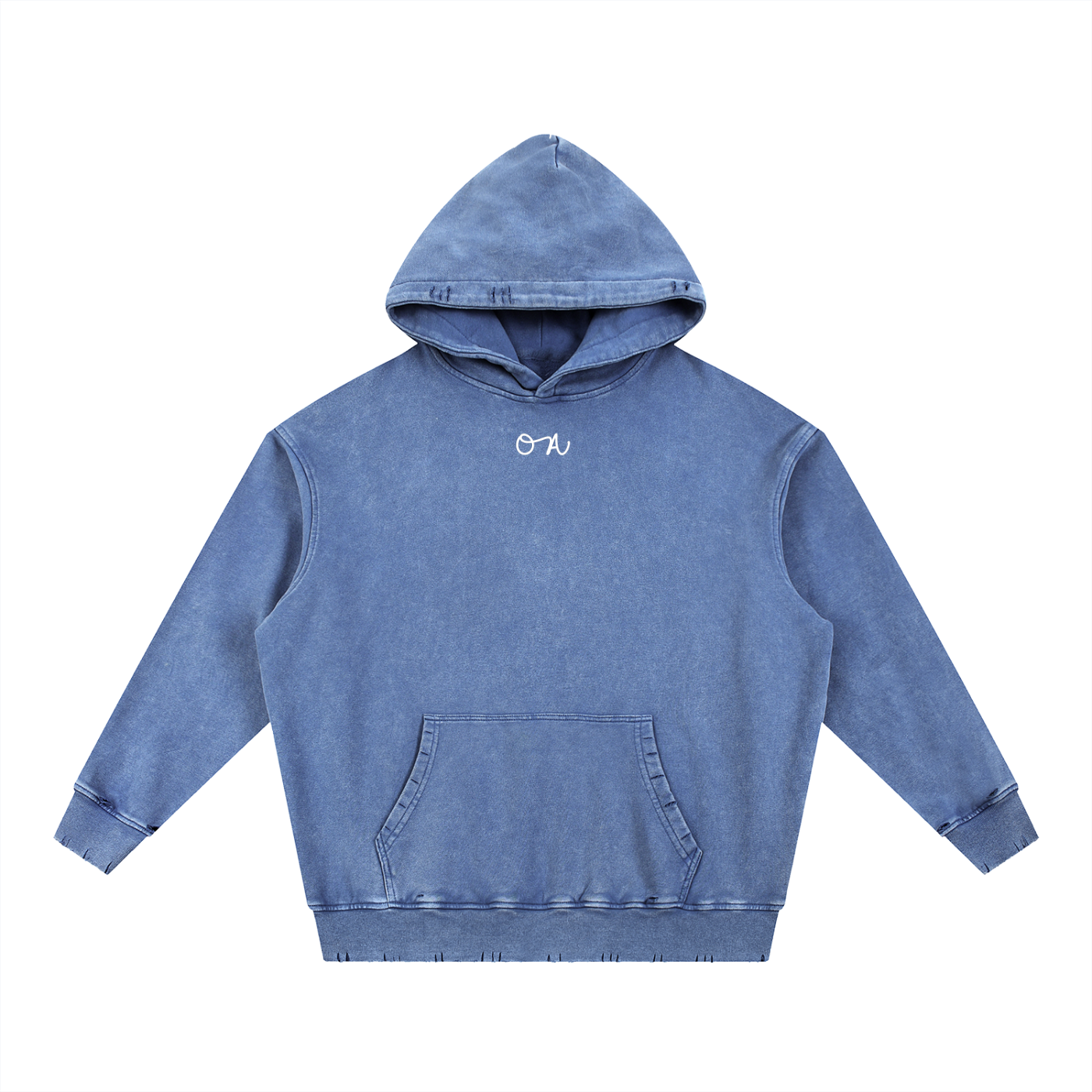 Blue hoodie with a logo on a white background
