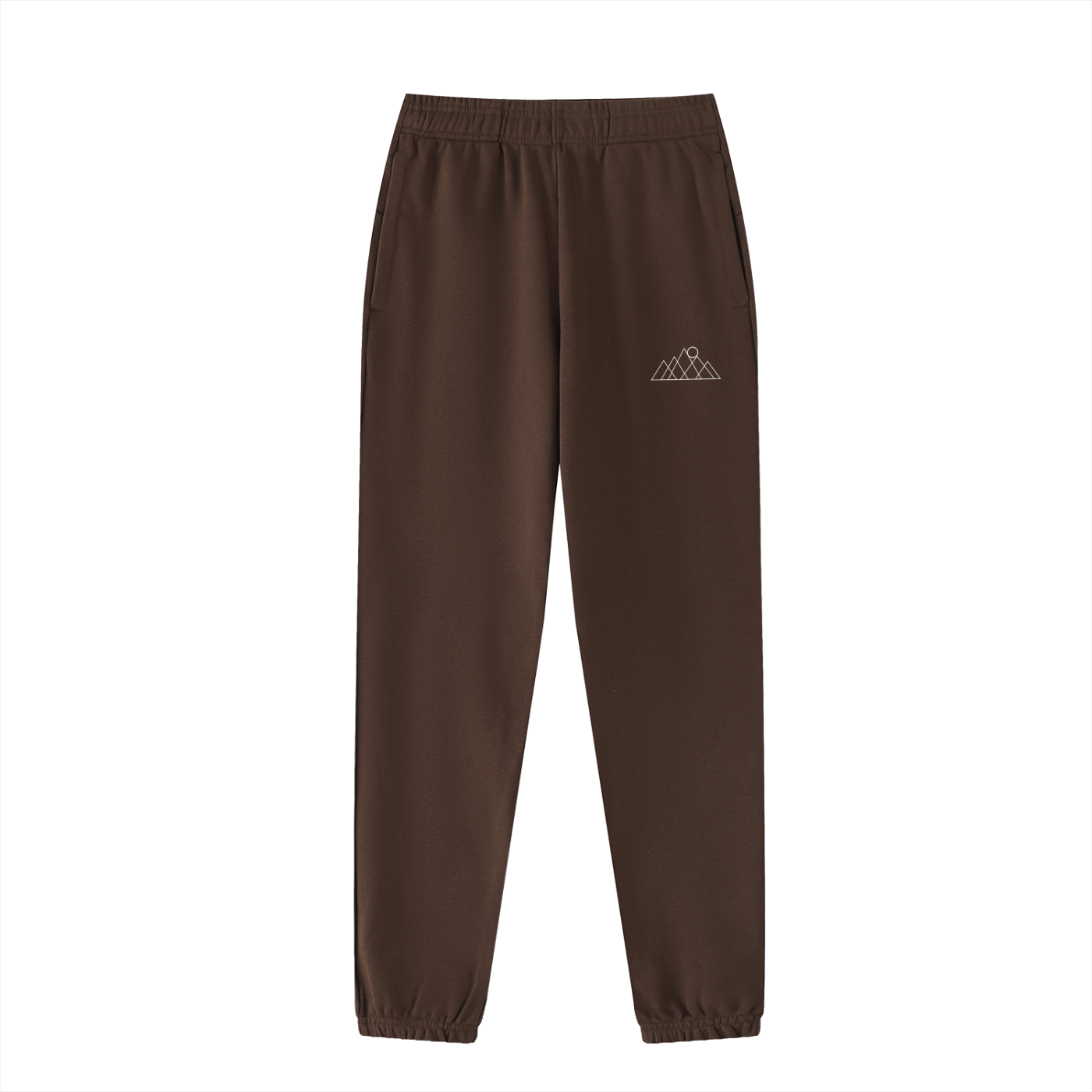 Brown cuffed sweatpants with a white mountains and sun rising logo/symbol on a white background
