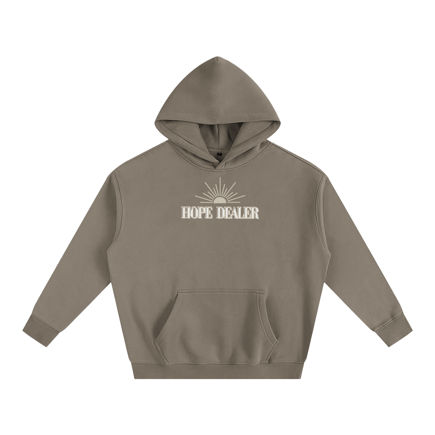 Brown/khaki hoodie with 'HOPE DEALER' text and sun graphic on a white background. Hope dealer text is tan and white and sun graphic is tan.