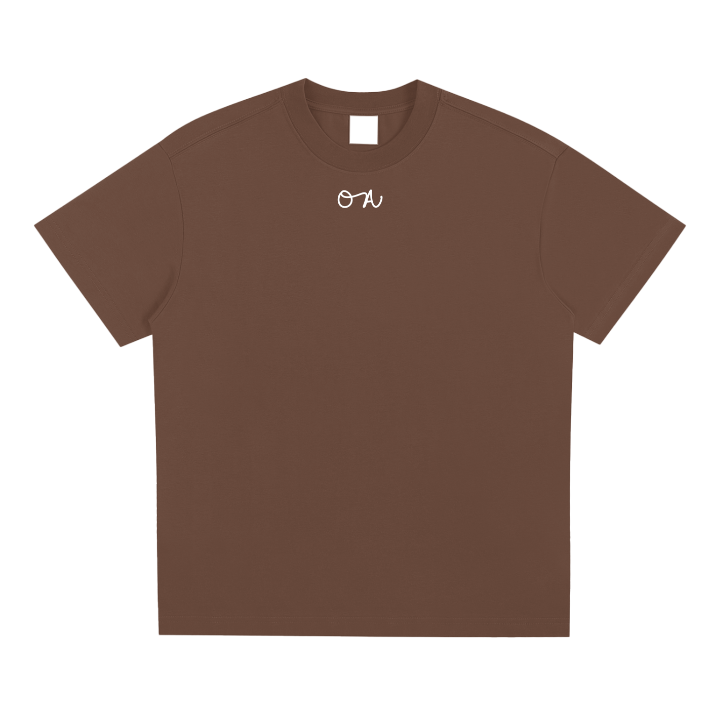 Brown t-shirt with 'oa' small white logo on a white background