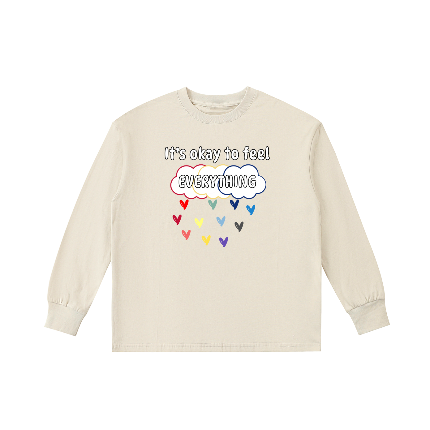 Beige sweatshirt with colorful heart design and text on a white background