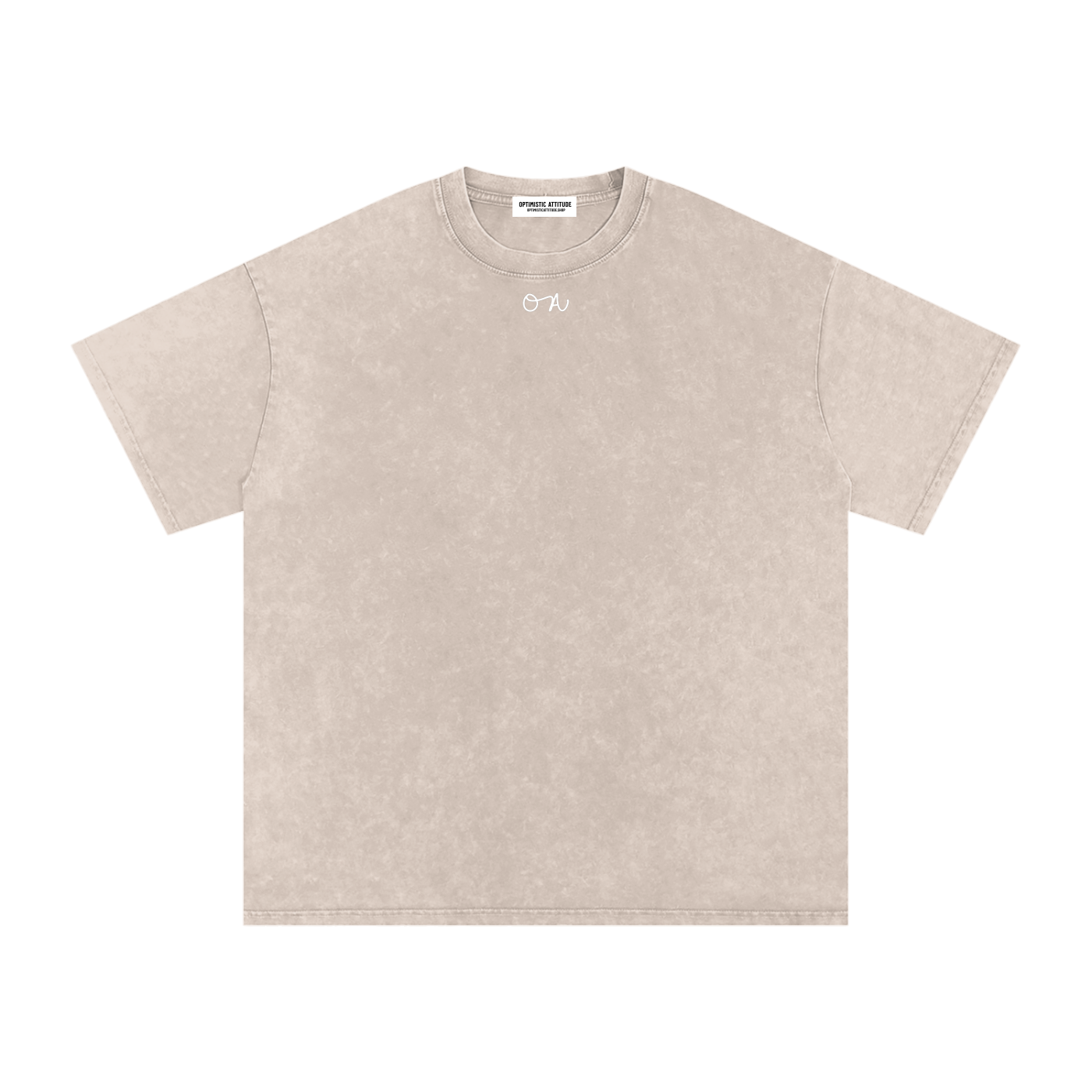 Front of cream t-shirt with a white 'oa' logo in front of a white background.