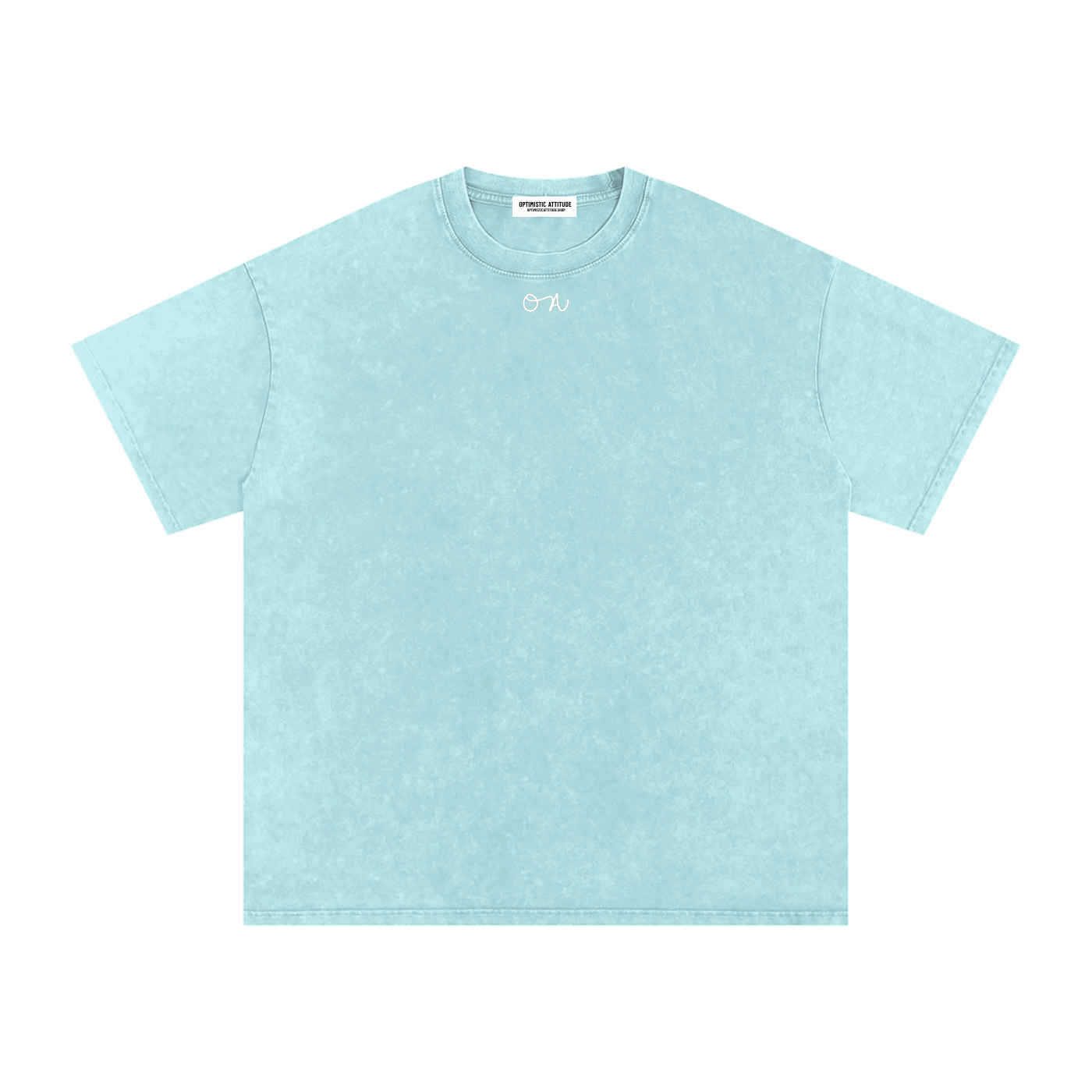 Front of cyan blue t-shirt with a white 'oa' logo in front of a white background.