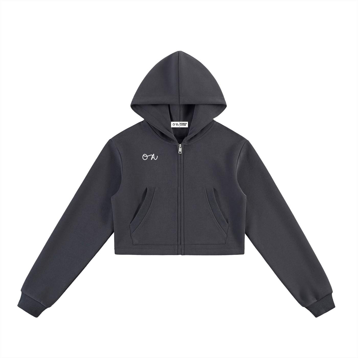 Dark gray hoodie with a small oa logo on a white background
