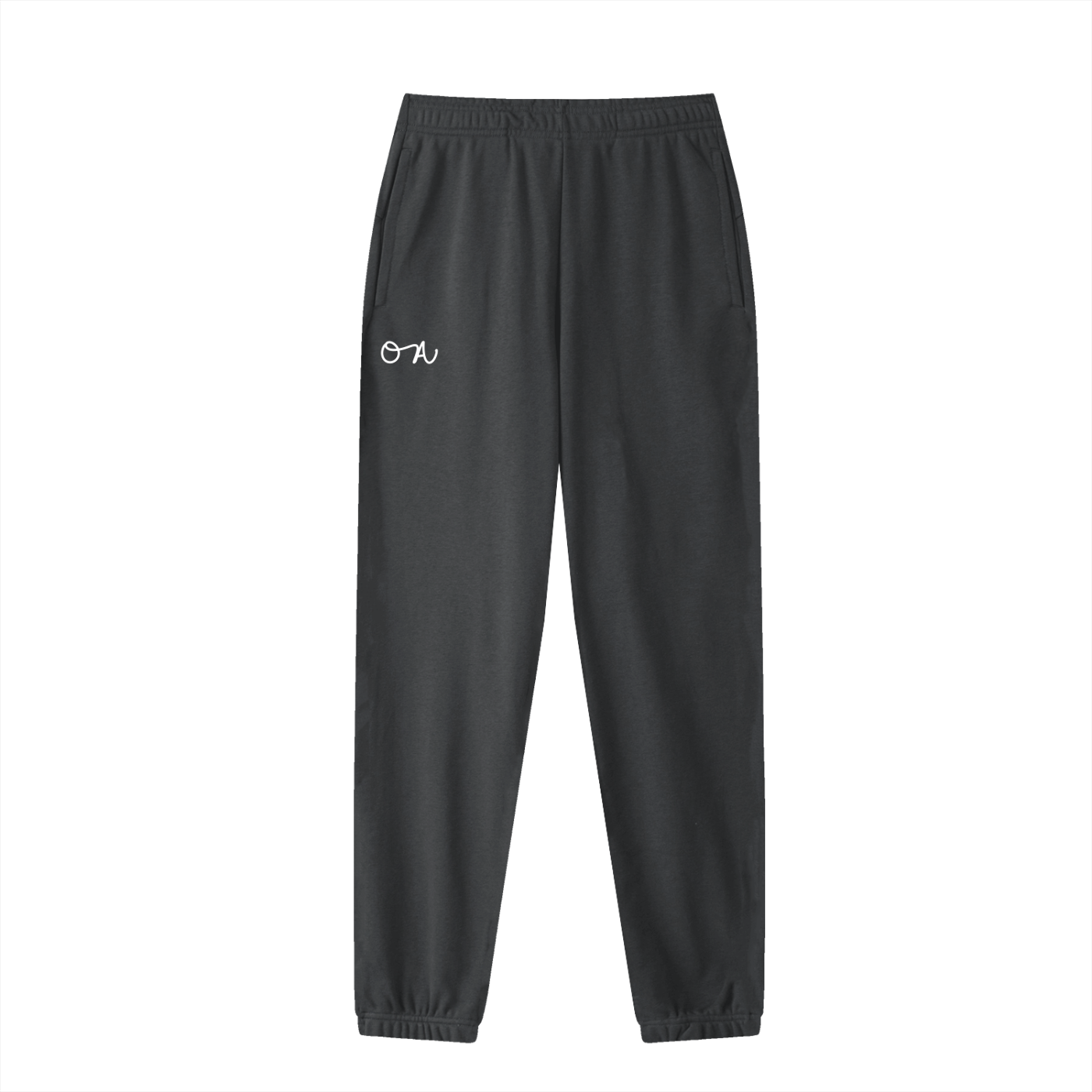 Front of dark gray cuffed sweatpants/joggers with an oa logo in white in front of a white background.